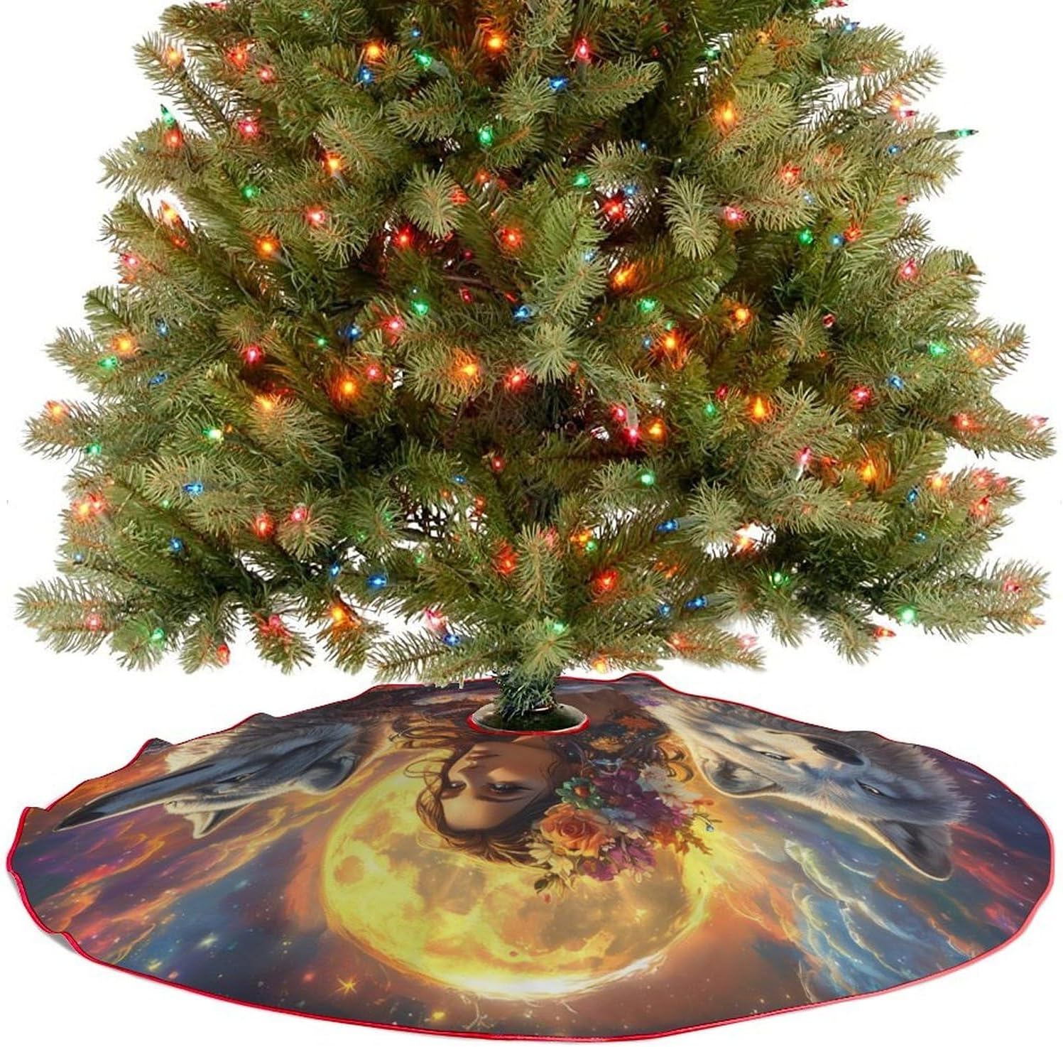 Woman with Wolf Christmas Tree Skirt Ornaments Christmas Tree Mat for Home Party Holiday Decorations