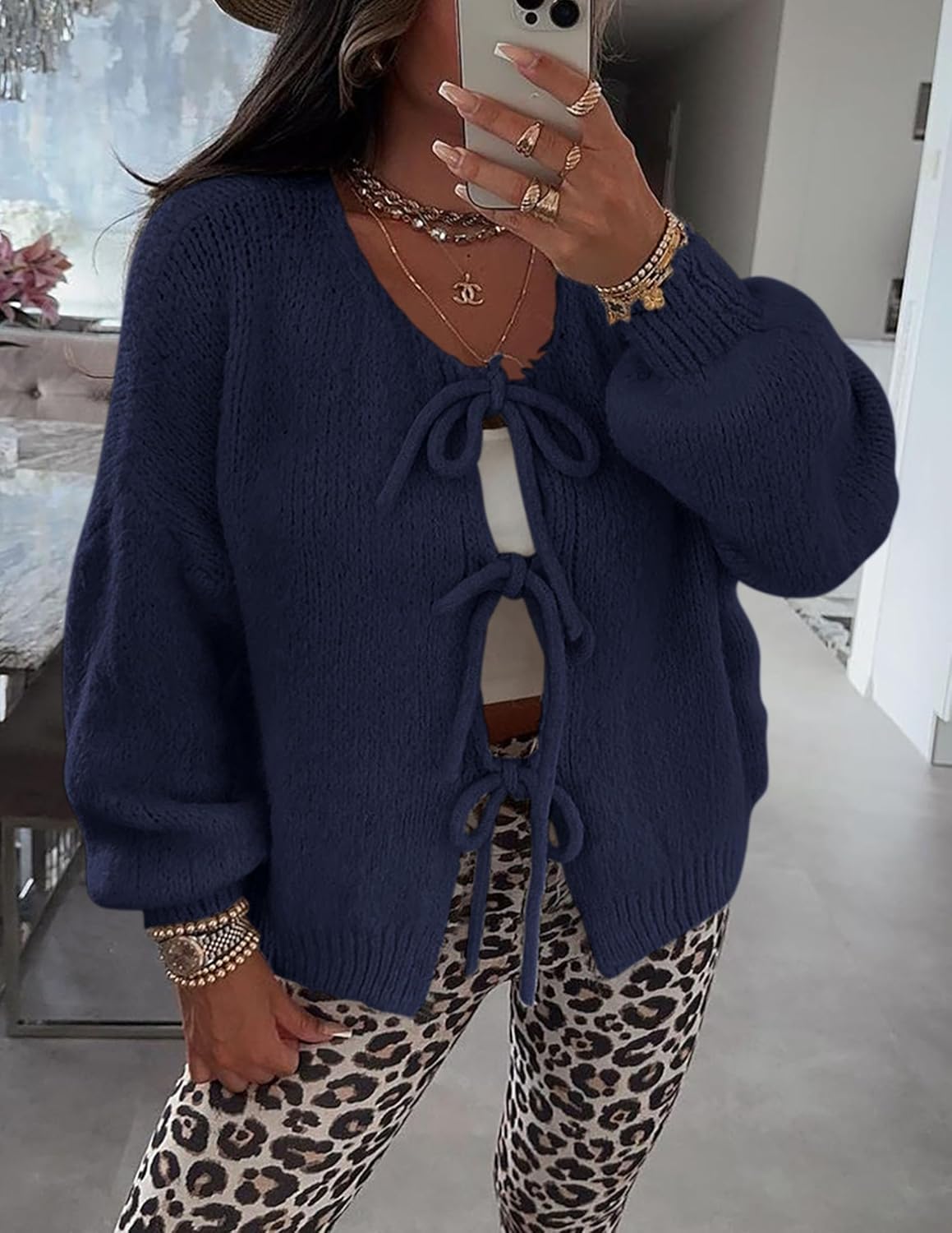 PRETTYGARDEN Women's Tie Front Bow Cardigan Sweaters Chunky Knit Long Puff Sleeve Trendy Fall Winter Jacket Coats - Image 7