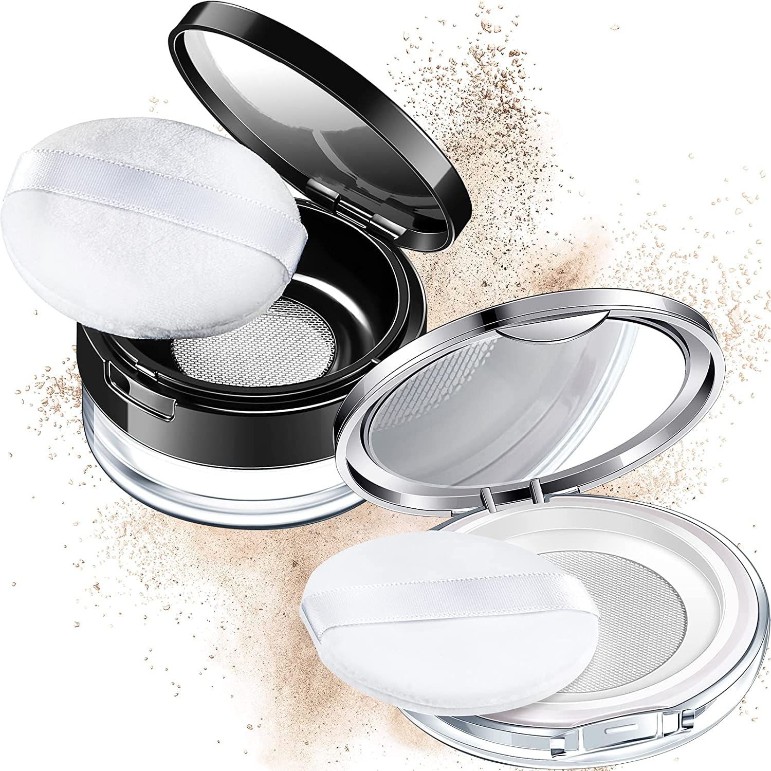 Loose Powder Container with Puff, 2 Pieces 0.17/0.7 oz Reusable Plastic Empty Powder Case Portable DIY Empty Makeup Powder Container Loose Powder Compact Case with Mirror and Elasticated Net Sifter