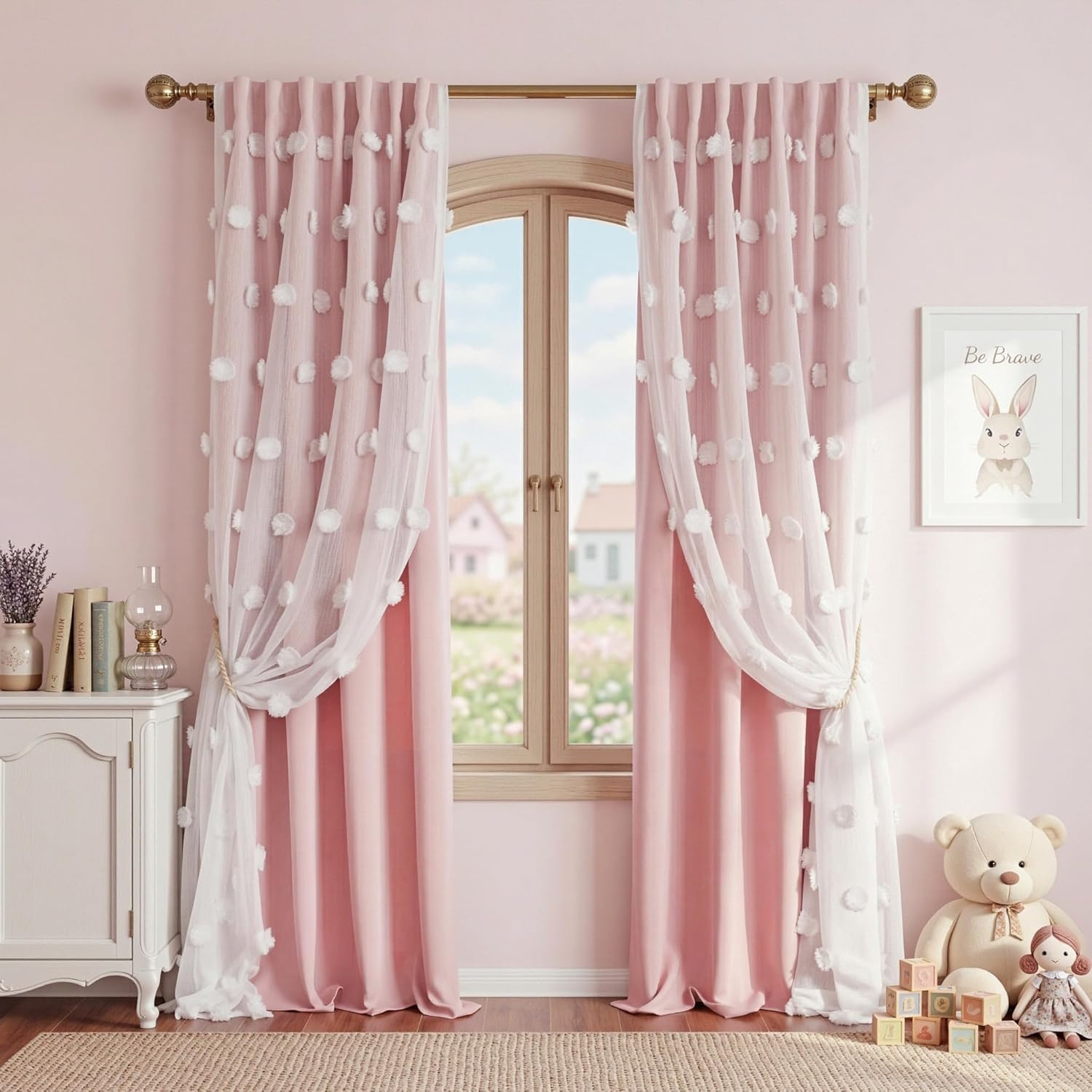 MYSKY HOME Pink Curtains for Girls Bedroom Nursery Curtain Double Layer White Pom Pom Sheer Window Panels for Kids Room Back Tab Room Darkening Window Drapes 72 Inches Length, W52 X L72, 2 Pieces