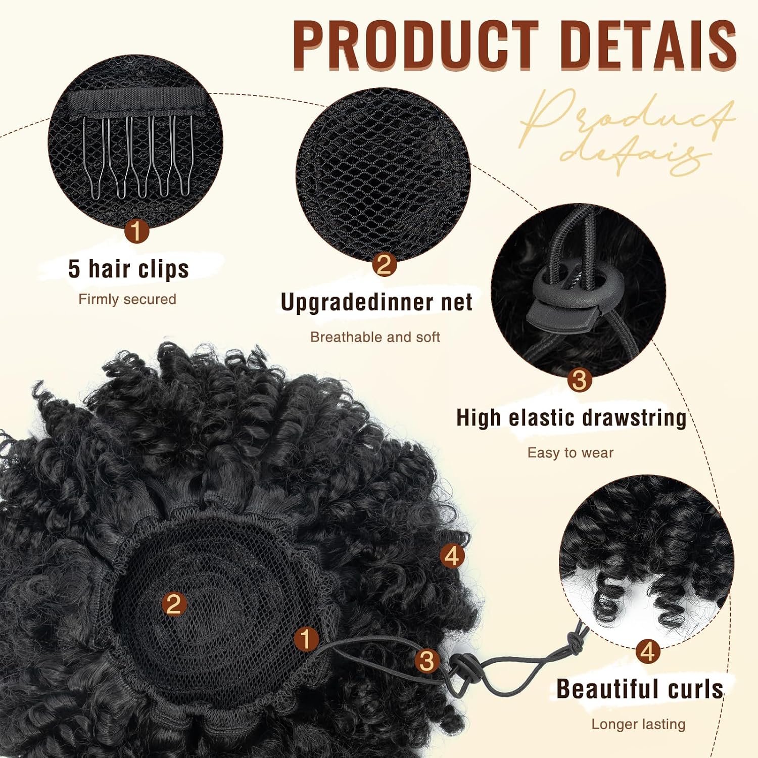 10 Inch Drawstring Ponytail Afro Puff Extension for Black Women, Black Premium Short Synthetic Afro Puff Ponytail for Natural Hair, Clip On Kinky Drawstring Curly Ponytai l Bun