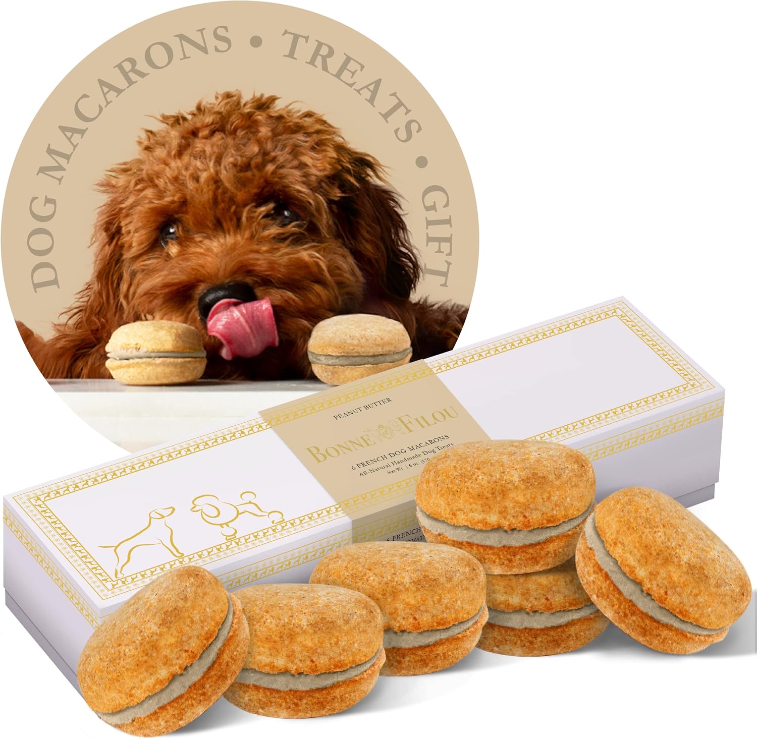Bonne et Filou Luxury Handmade Gourmet Peanut Butter Dog Macarons Treats (3x6 Pack) and Advent Calendar 2022-24 Hand Designed Luxury Dog Treats with Dog Macarons, Truffles & Bone Cookies