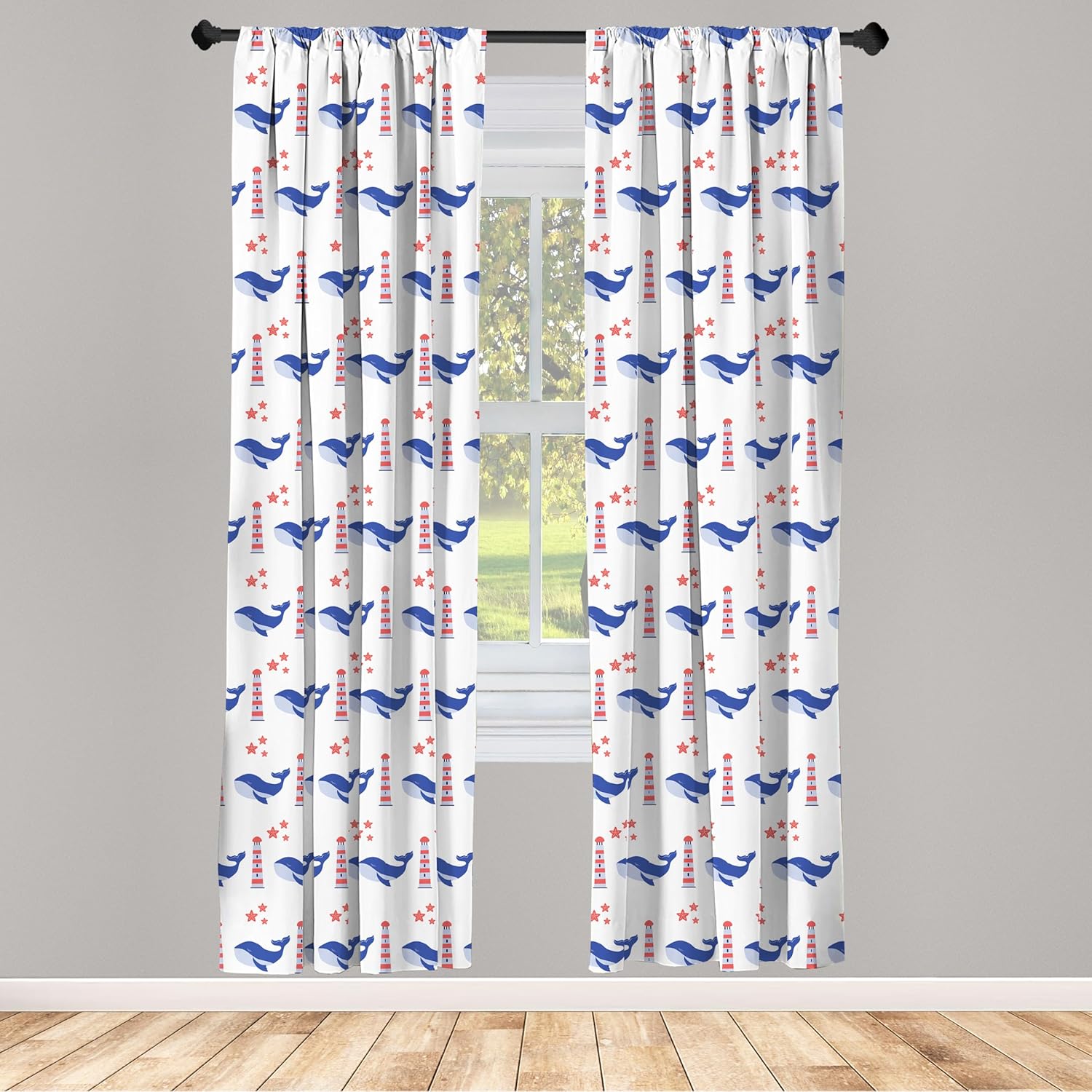 Ambesonne Nautical Blue Window Curtains, Marine Themed Pattern of Whale Lighthouse and Starfish, Lightweight Decor 2-Panel Set with Rod Pocket, Pair of - 28" x 95", Blue Ceil