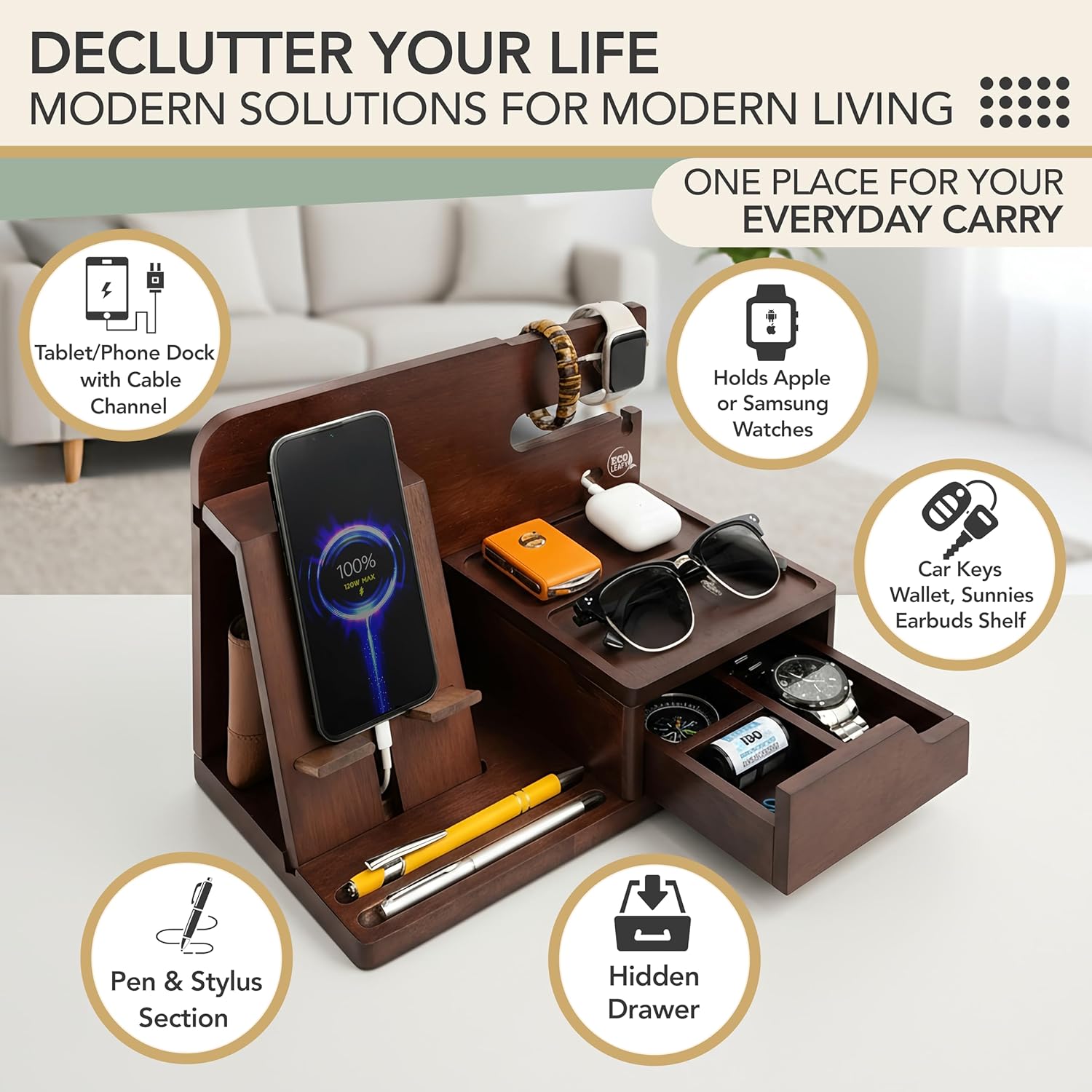Nightstand Organizer- Bedside Docking Station for Men- Unique Gifts for Husband, Father or Dad from Wife, Son or Daughter- Desk Organizer for Phone, Watches, Wallet & Accessories (Brown)