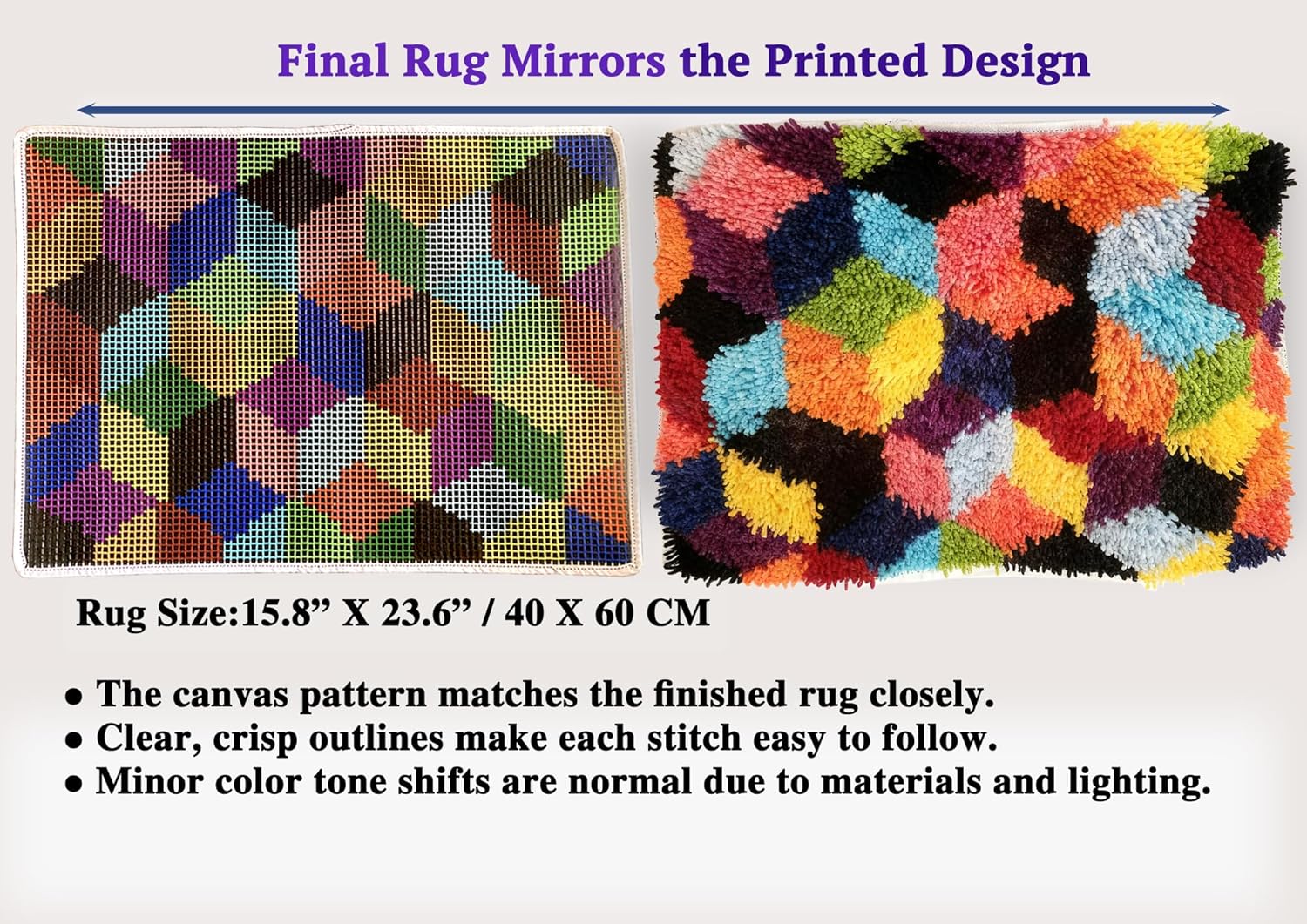 KitsMaster Bright Mosaic Latch Hook Kit, Vibrant Cub DIY Rug for Beginners & Adults, Relaxing Craft Kit for All Skill Levels, Craft Gift for Art Lovers, 23.6''x15.8'' (Color Blocks)
