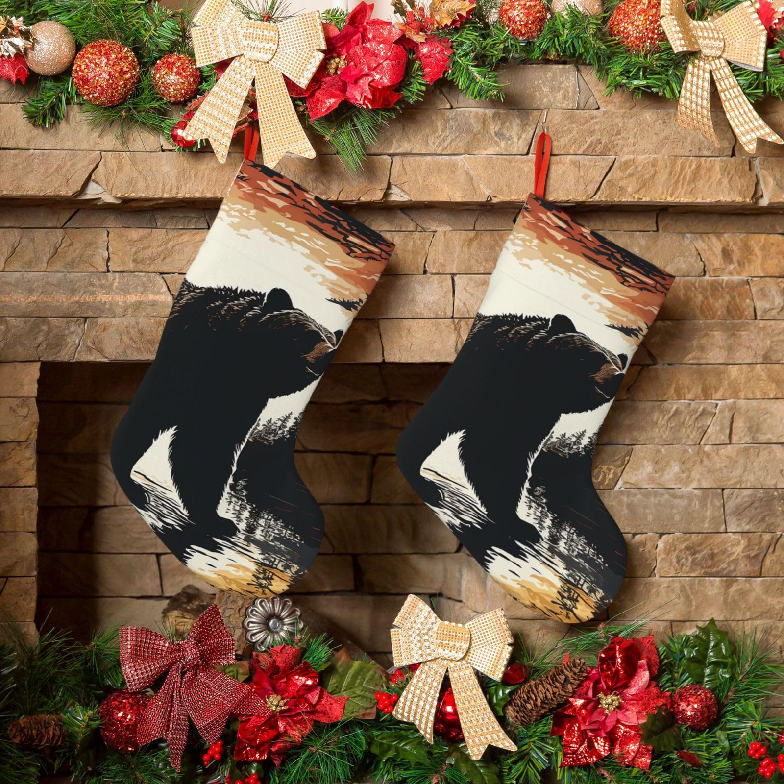 KLOPH Christmas Stockings 18" Personalized Xmas Stocking Bear Silhouette Decoration Stocking Hanging Fireplace Stocking for Holiday Xmas Tree Christmas Fireplace Decor
