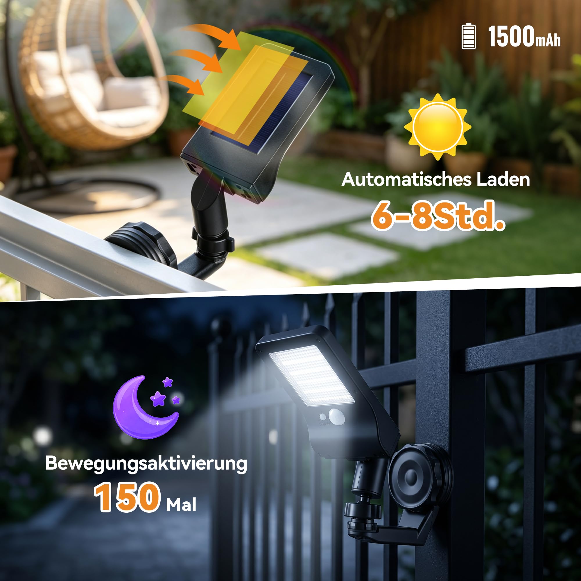 Außenlampe mit Bewegungsmelder Solarleuchte Außen Magnetisch Ohne Bohren | 700LM Wandleuchte 3 Lichtmodi, Magnetisch ohne Bohren 360° Verstellbar IP65 Wasserdicht für Zaun Garage Wohnmobil 4 Stück