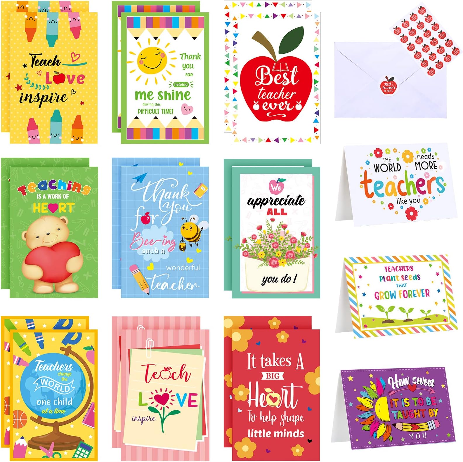 Jetec 36 Sets Teacher Appreciation Cards with Envelopes Bulk for Thank You Gifts Teachers Day Greeting Card for Back to School Teacher Appreciation Week Gifts(Fresh Style)