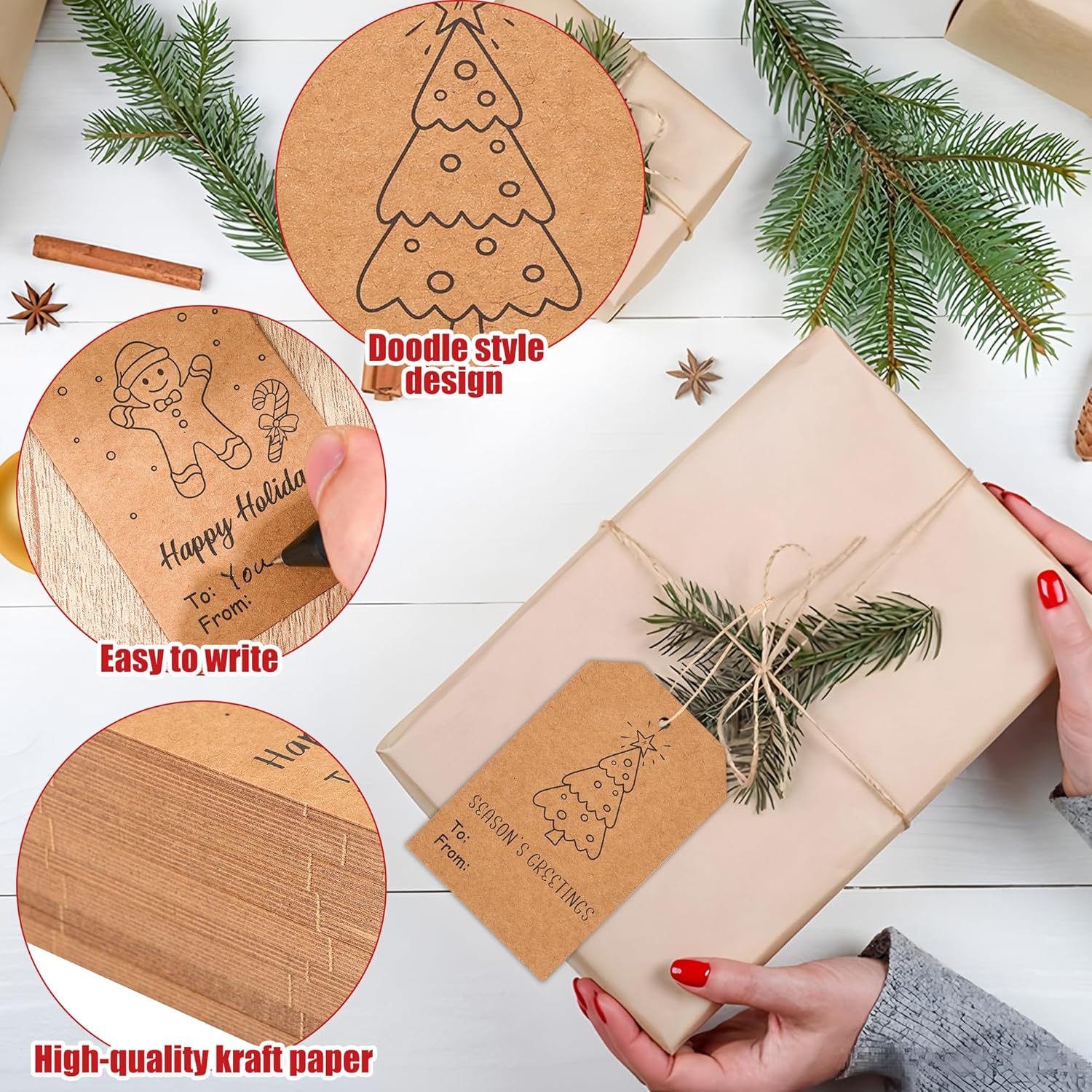 120 Pcs Christmas Gift Tags with String 3" x 2" Christmas Kraft Paper Name Tags Doodle Xmas Brown Kraft Paper Gift Labels for Xmas Holiday Presents DIY Gifts Wrapping Decorations - Image 3