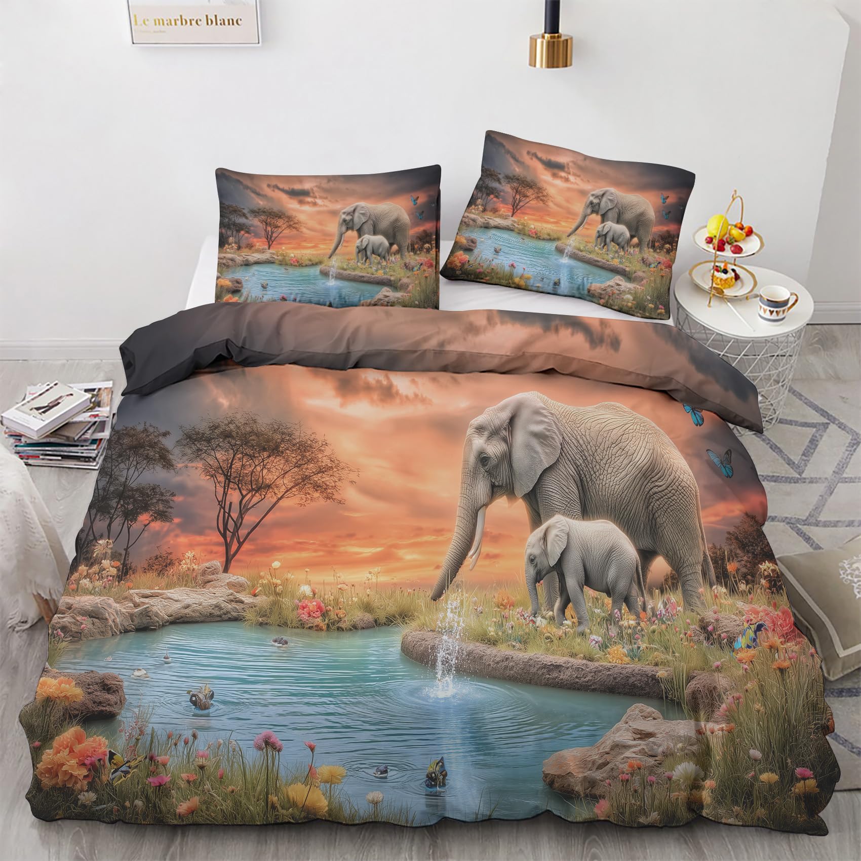 Parure de lit 160x200 éléphant housse de couette 2 personnes réversible en microfibre