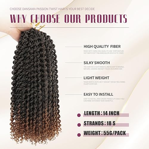 Miniatura 3 de Dansama 7 paquetes de cabello Passion Twist ondulado trenzado para trenzas de ganchillo estilo mariposa, extensiones de cabello bohemio (14