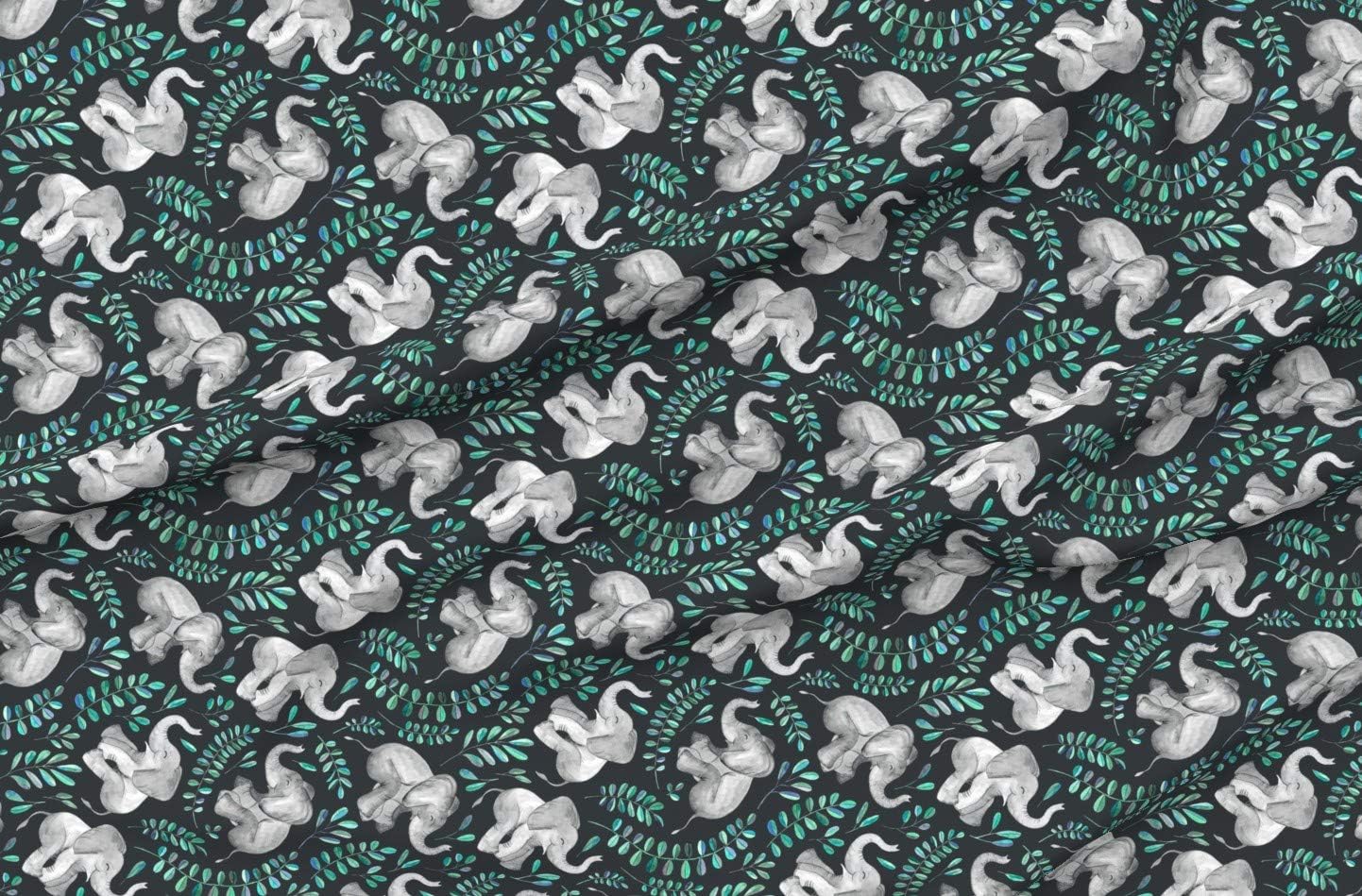 Spoonflower Fabric - Rotated Laughing Elephants Emerald Turquoise Leaves Large Print Printed on Petal Signature Cotton Fabric Fat Quarter - Sewing Quilting Apparel Crafts Decor