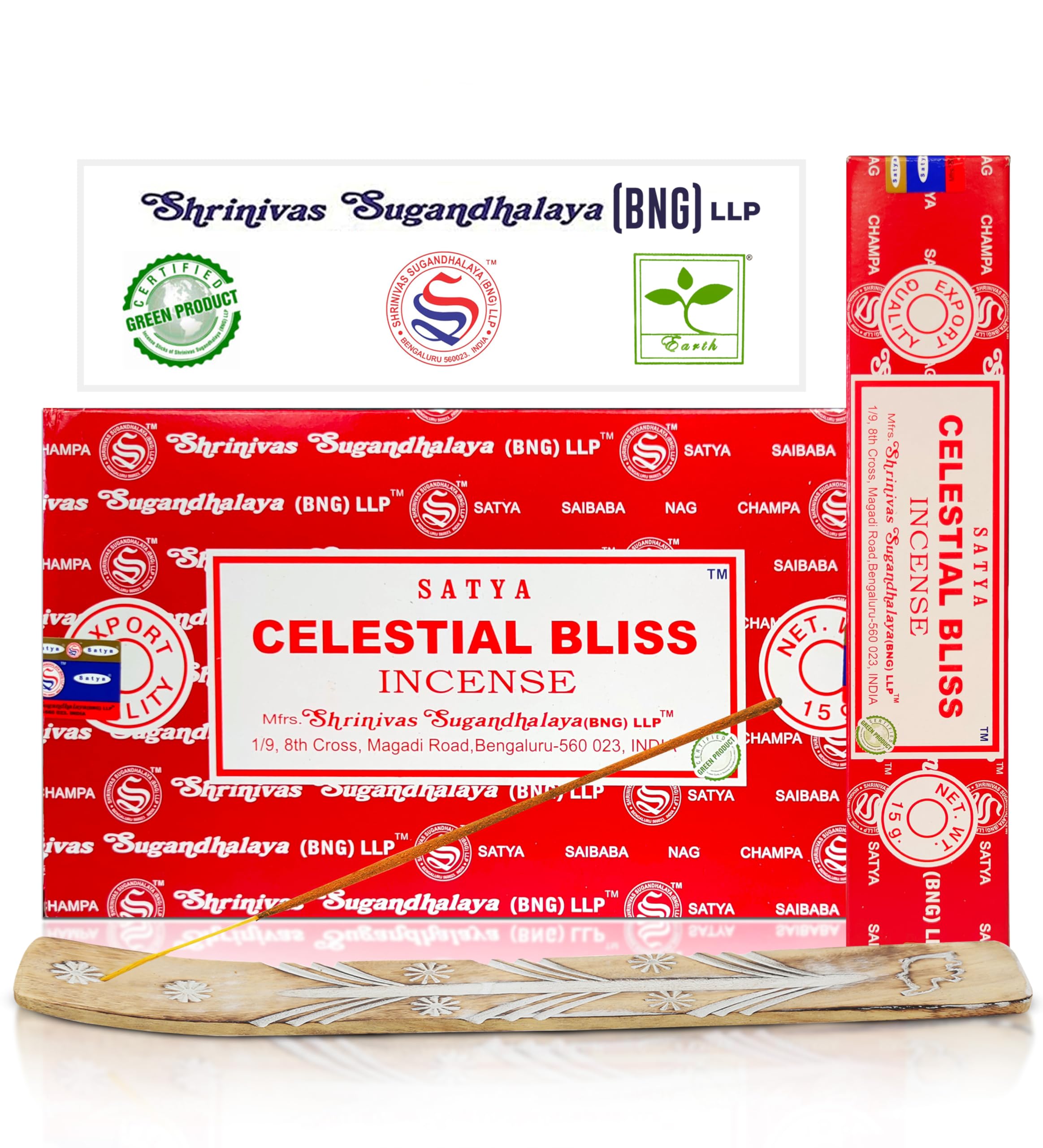 Satya Celestial Bliss Incense Sticks, Satya Bng (Bangalore) Insenses 15gmx12 Pack with Raajsee Incense Holder Bundle, Satya Nagchampa Natural Incense