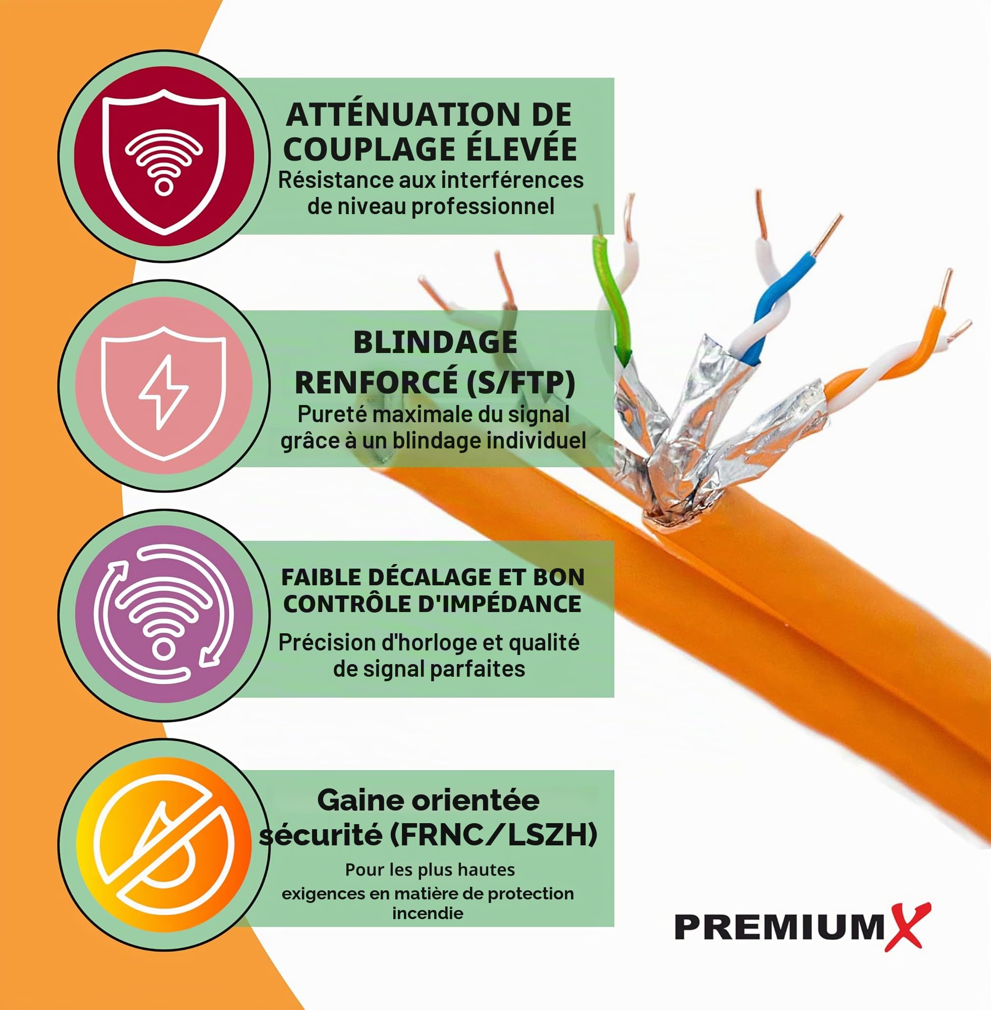 Premium X Câble réseau CAT 7 30 m - Câble LAN duplex - Câble en cuivre - Câble de données Ethernet S/FTP PiMF PoE Eca Kat7 - Câble d'installation pour une pose sans effort