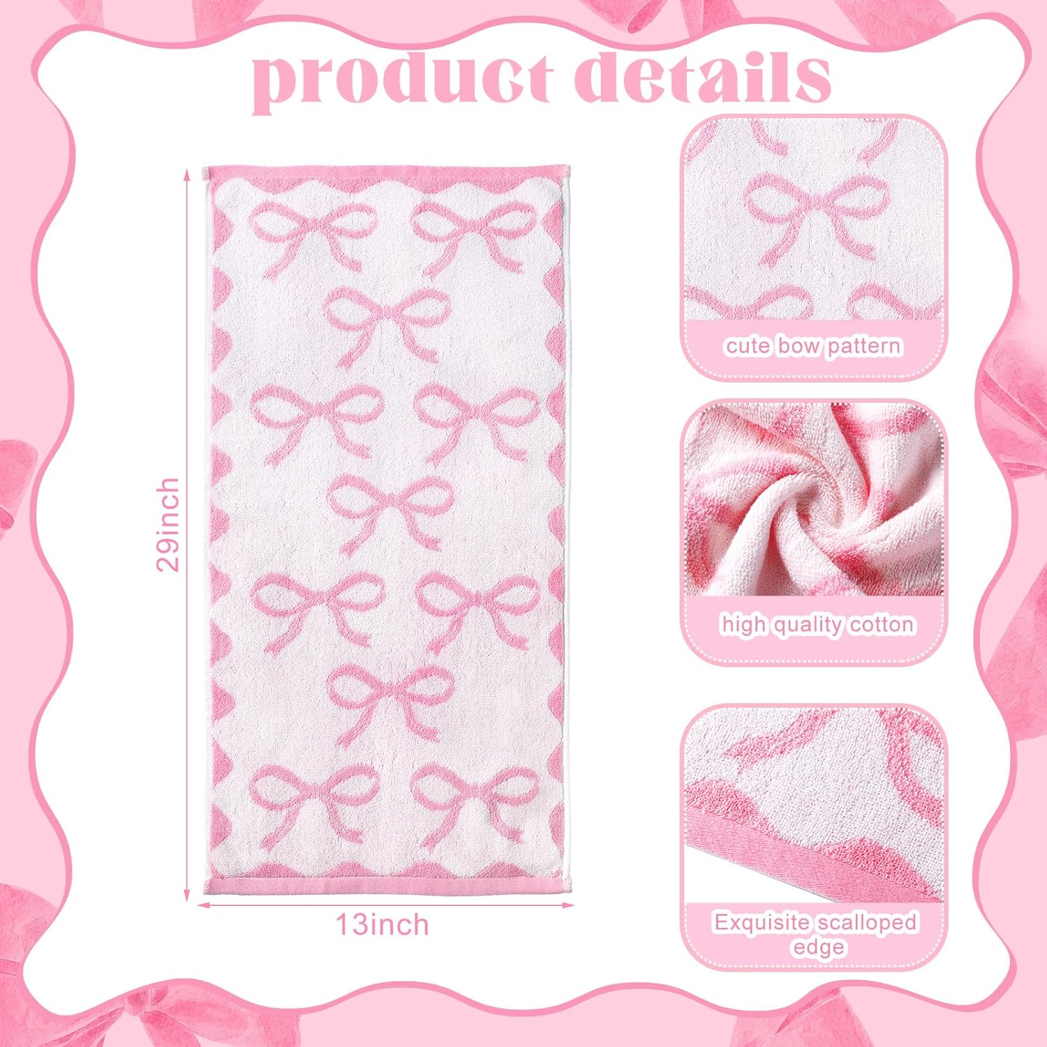 4 Pcs Pink Bow Hand Towels for Bathroom 13 x 29'' Soft 100% Cotton Coquette Face Towel Valentine's Day Kitchen Decor Absorbent Preppy Bathroom Decor Bridal Shower Wedding Gift - Image 2