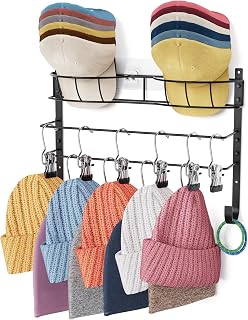 Hat Rack, Beanie Organizer, Screw or No-Drill Adhesive Mount, Black Metal | 2 Installation Options, 3-Zone Storage: Screw or no-drill adhesive mounting organizes baseball caps and beanies together.
