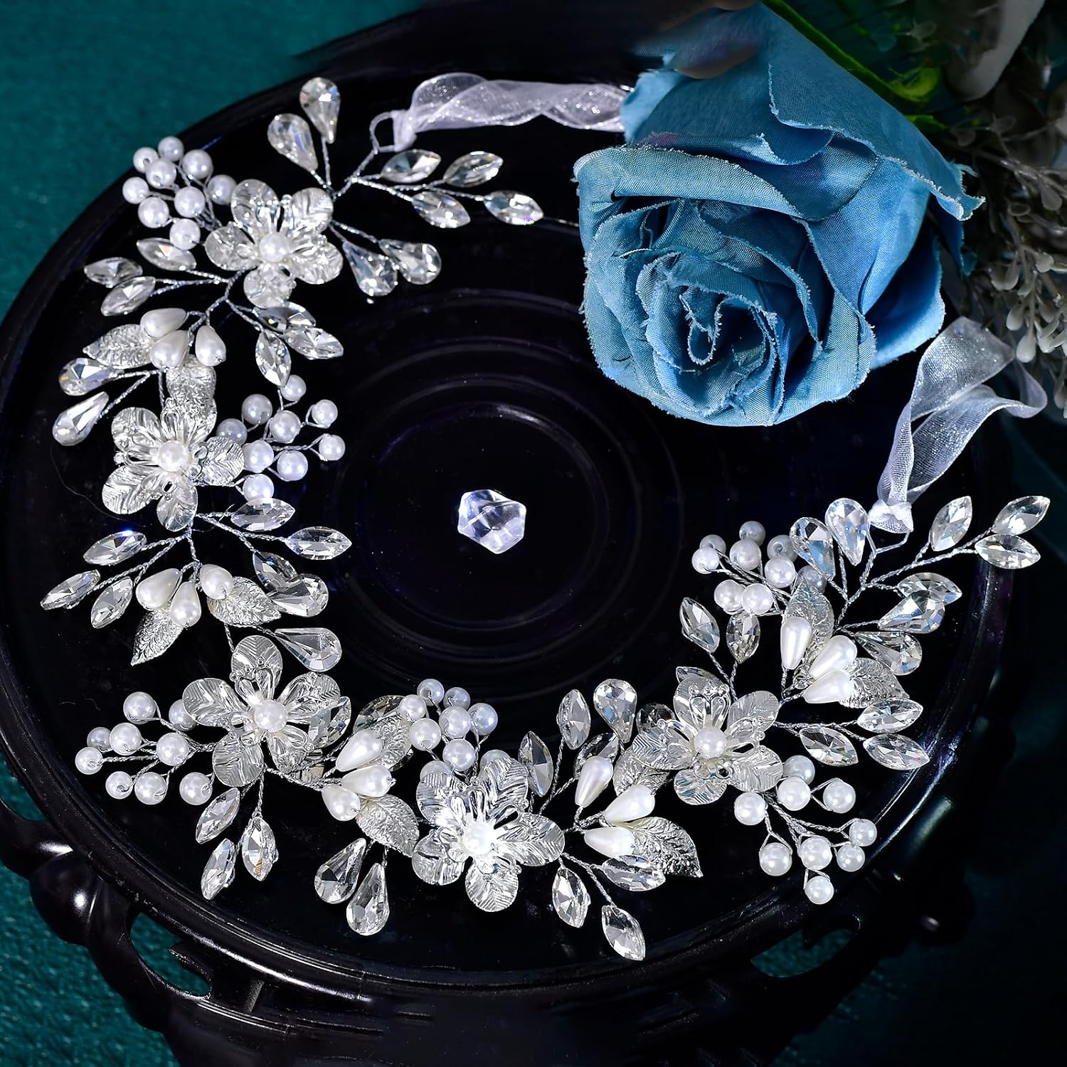 JHOO Cryatal Hair Vine for Wedding Pearl Rhinestone Alloy Flower Headband Silver Headpiece for Women Fashion Party Hair Accessories HP897-S (silver)