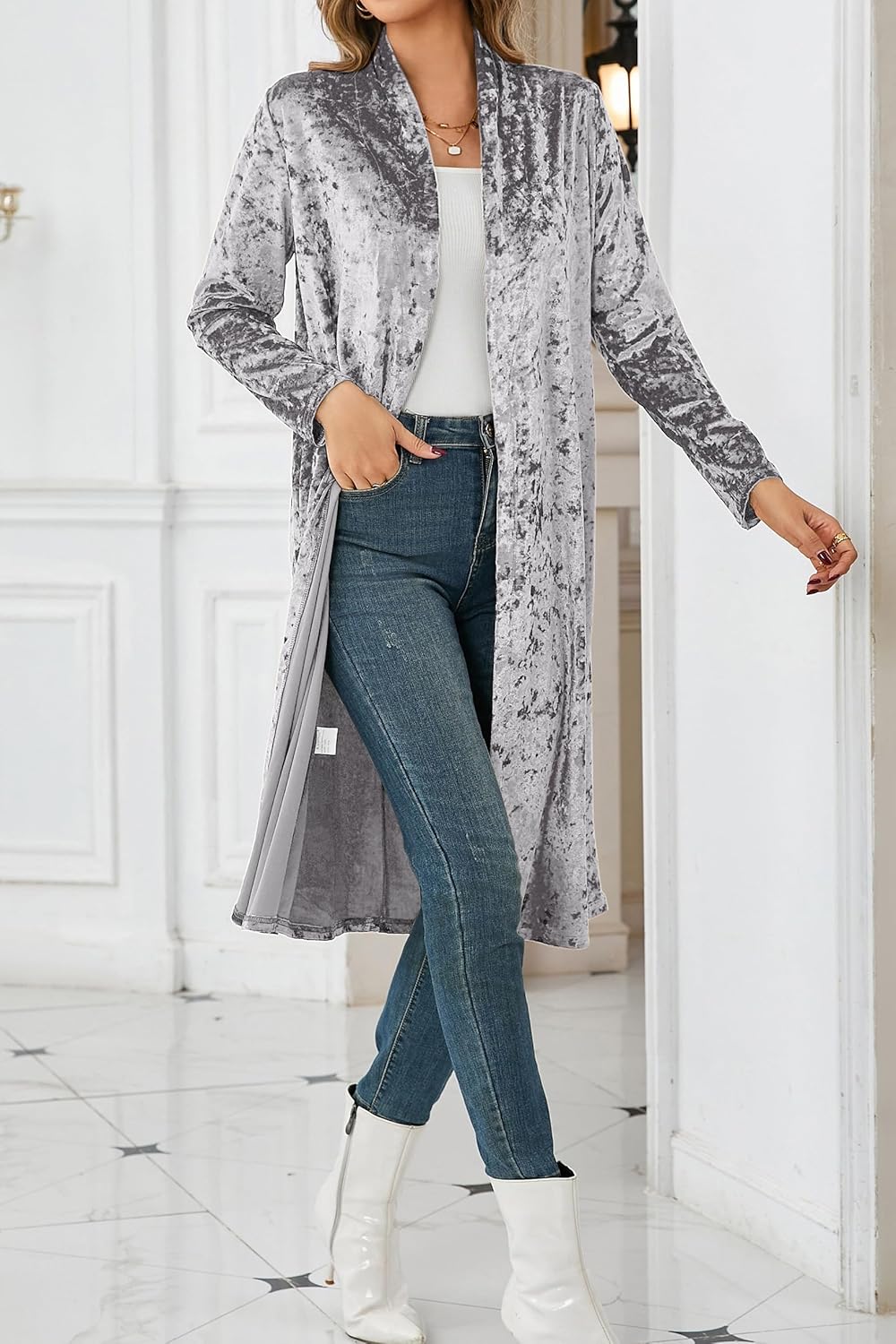 Women's Crushed Velvet Long Cardigan Jacket Fall Casual Vintage Long Sleeve Open Front Trench Coat Duster Outerwear