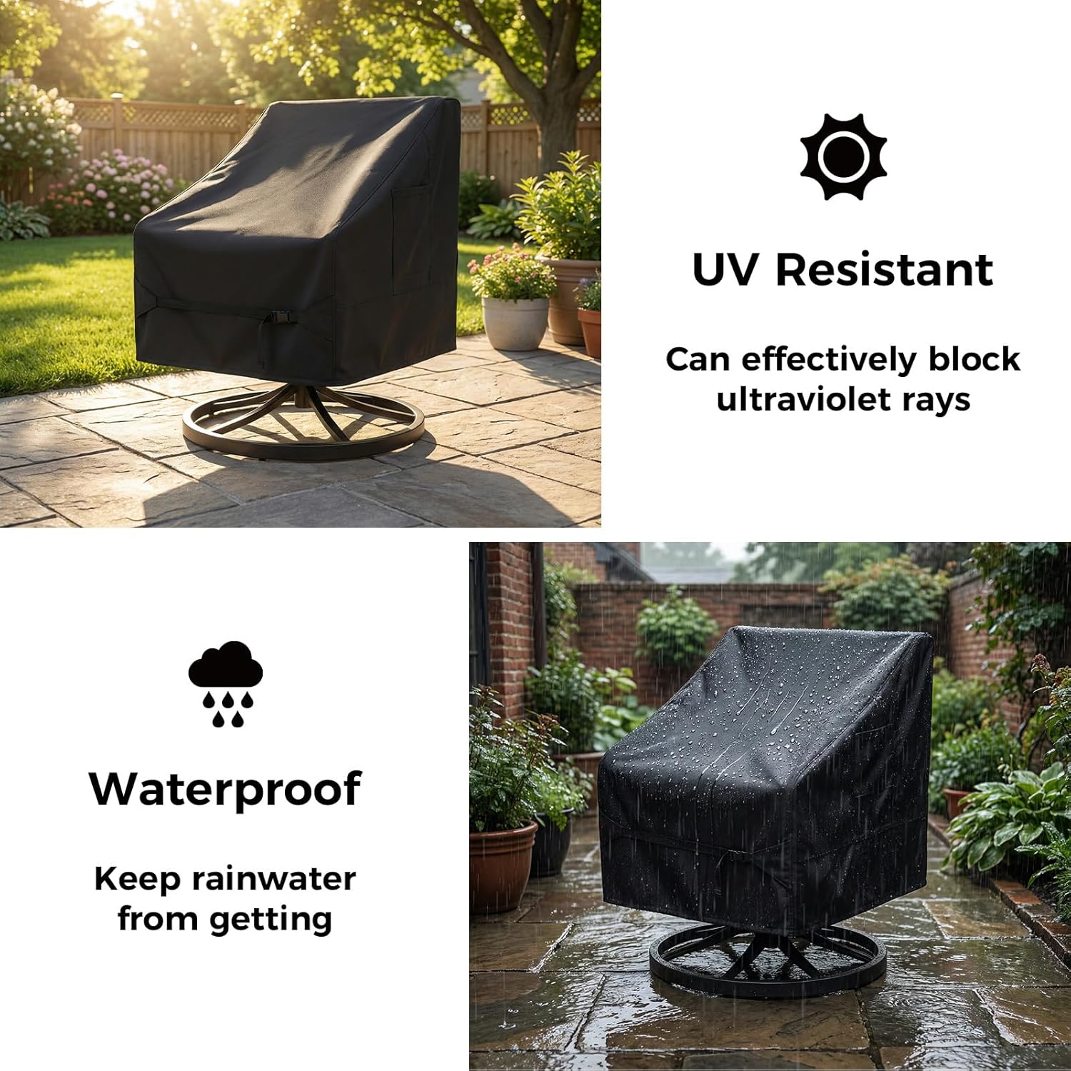 Dntorx 2 Pack Waterproof Patio Chair Covers, 32W x 35D x 36H Inches Durable Patio Furniture Covers with 1 Handbag for Lounge Deep Seat, Adjustable Waist Belt & Windproof & Breathable(Black)