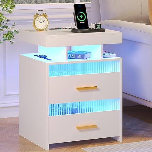 Mesita de noche LED con estación de carga mesa auxiliar moderna para muebles de dormitorio, mesita de noche inteligente con inducción del cuerpo