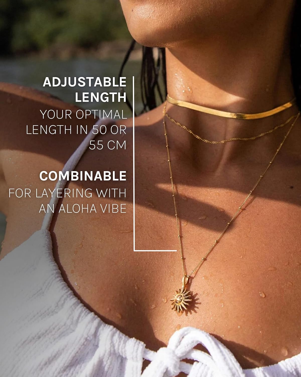 Purelei® Sun Necklace: Waterproof & Adjustable, Chain with sun pendant, 20 to 22 inch adjustable length, 18K Gold plated stainless steel