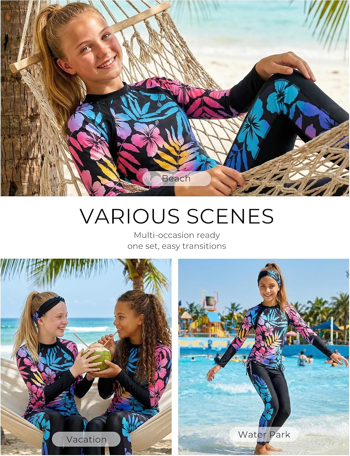 GRACE KARIN Girls Long Sleeve Swimsuit Two Piece Rashguard Floral Swimwear 6-14Y
