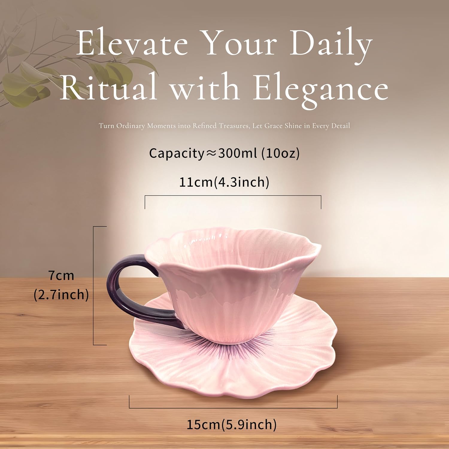 Flower Mug with Saucer, Handmade Ceramic Coffee Tea Cup Set 300ml (10oz), Floral Gift for Girls, Women, Mum and Teachers, Dishwasher & Microwave Safe (Red)