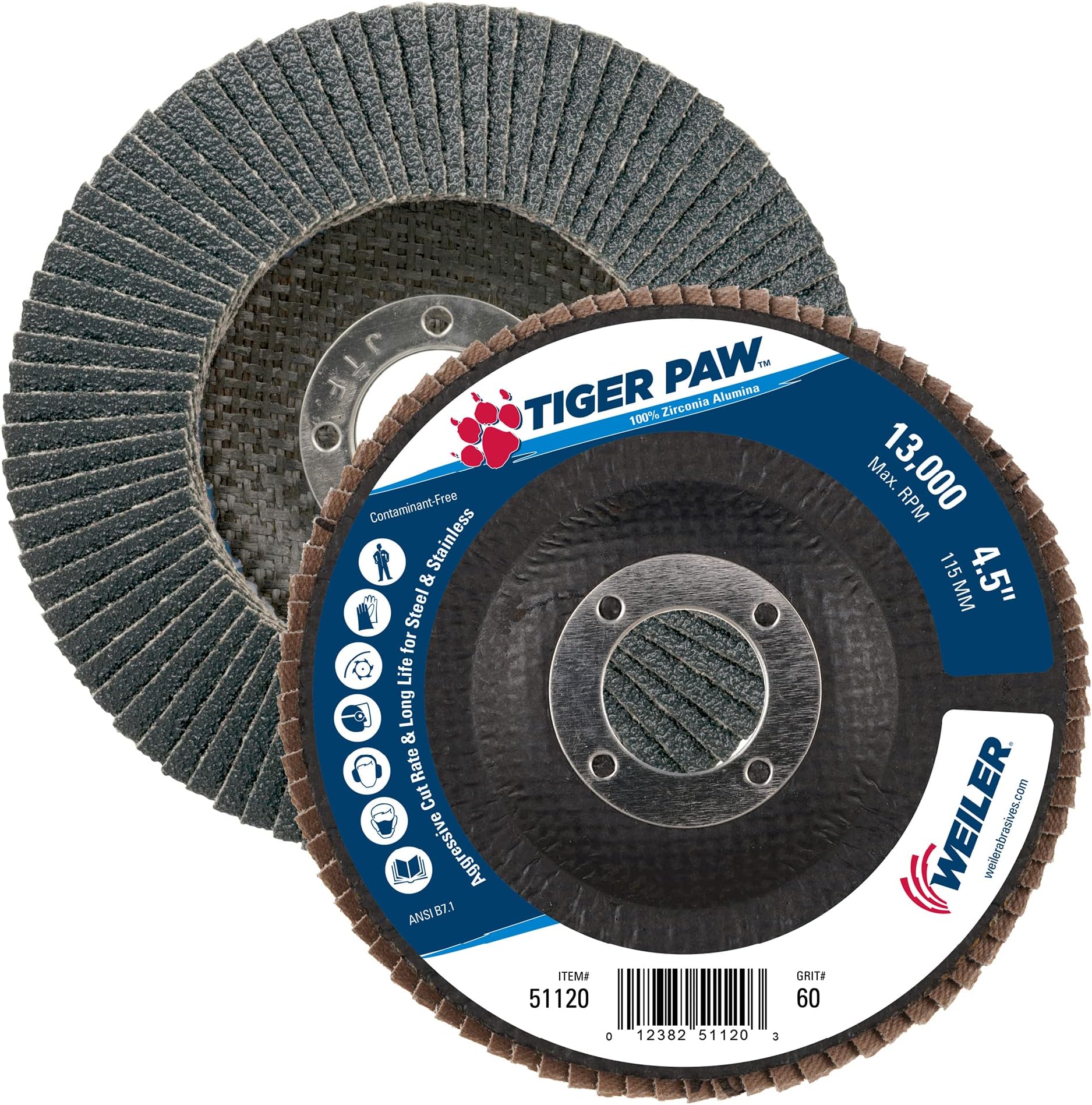 51120 4-1/2" Tiger Paw Abrasive Flap Disc, Angled (Ty29), Phenolic Backing, 60Z, 7/8" Arbor Hole, Made in USA (Pack of 10)