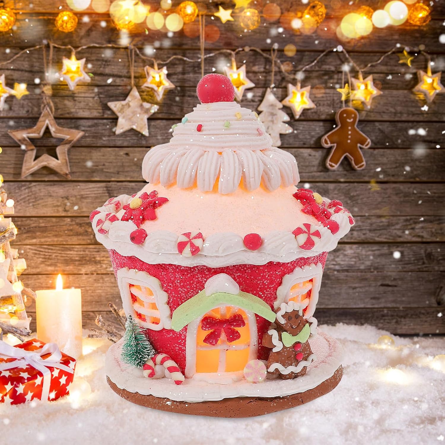 Glowing Pink Resin Castle Sculpture with Non-Slip Bottom, Light Weight Polymer Clay Decorative Castle for Home and Xmas Party Decor, Creative Festive Xmas Adorn