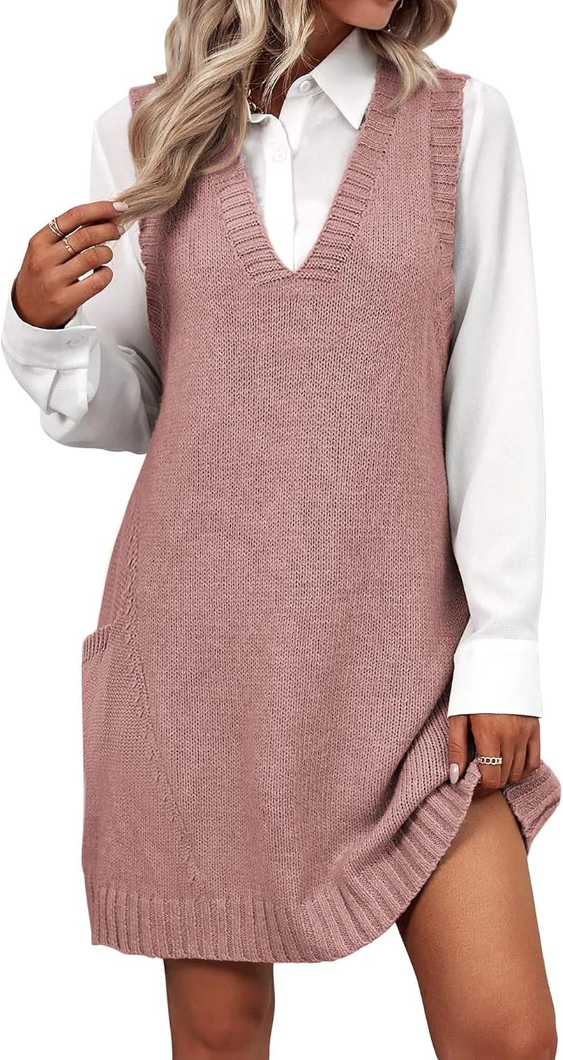 Zeagoo Womens Sweater Vest Dress Pattern Knitted Pullovers Sweaters V Neck Tank Sweater Dress with Pockets