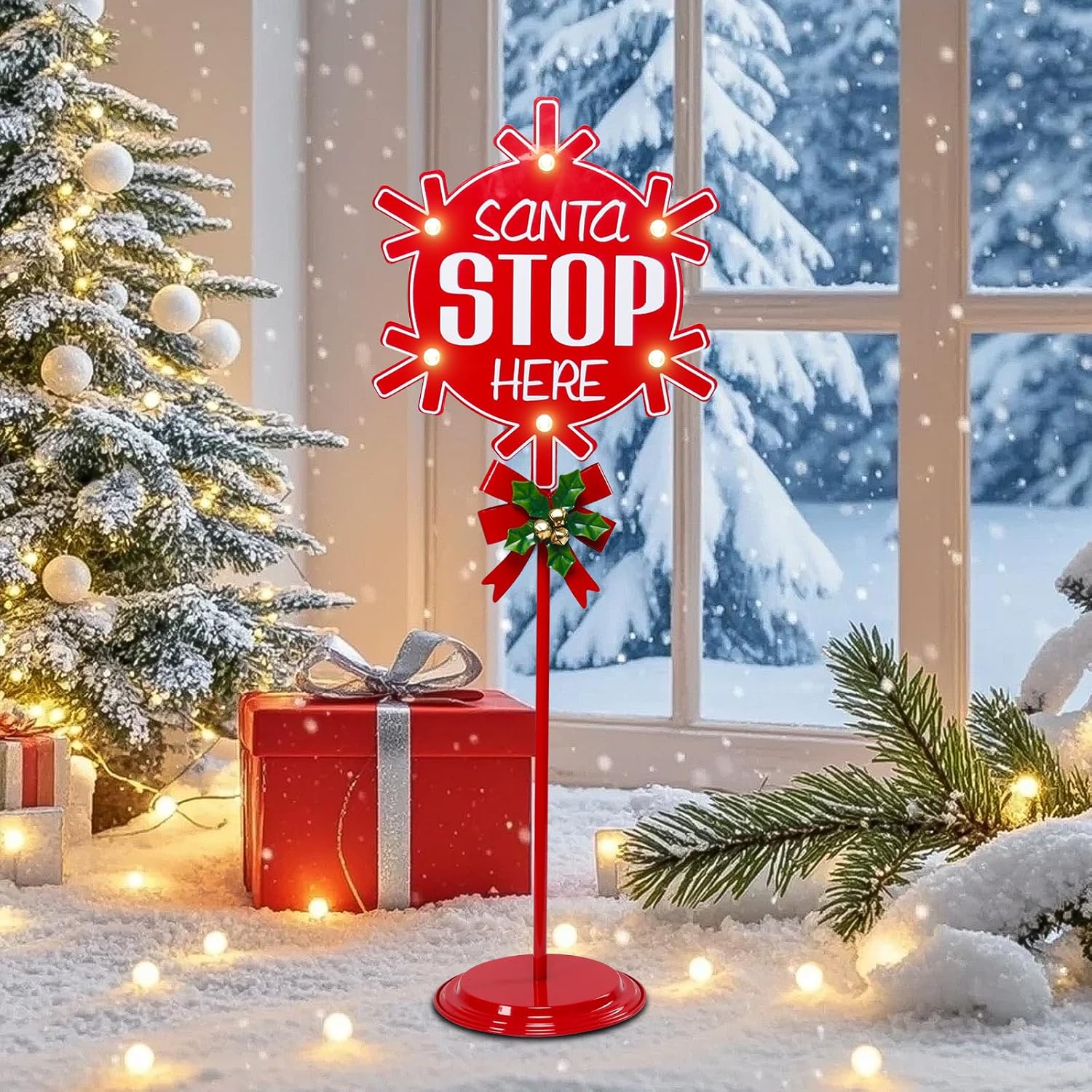 WONDER GARDEN Christmas Porch Sign - Lighted Christmas Signs Indoor Outdoor, 31 Inch Metal Standing Yard Stake Santa Stop Here Sign Decorations for Home or Party Holiday Door Outside Gift