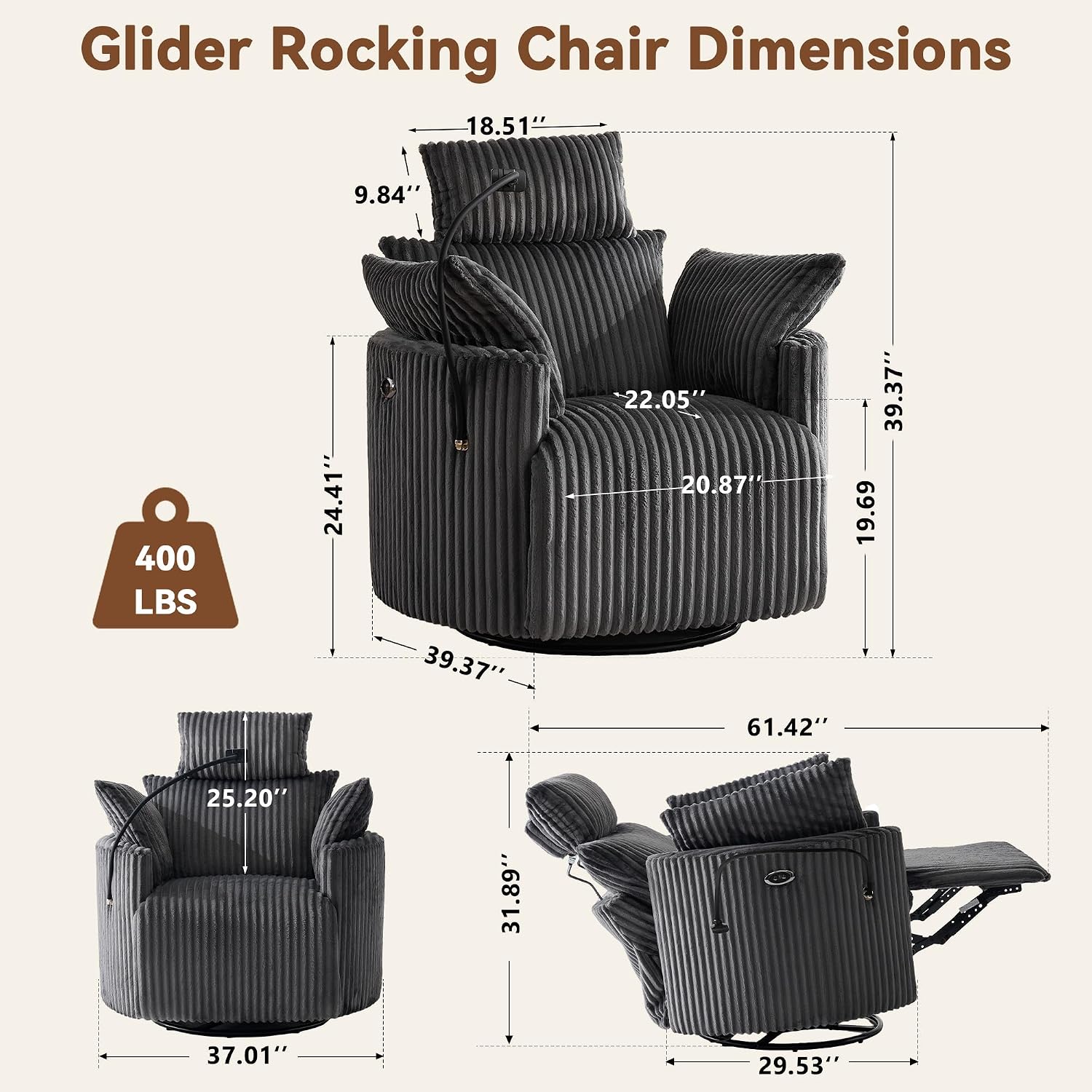 FOXHUNTER Power Glider Rocking Chair Nursery Rocking Chairs 300°Swivel Rocking Recliner with USB Charging Port and Phone Holder,Footrest,for Living Room(Corduroy Grey)