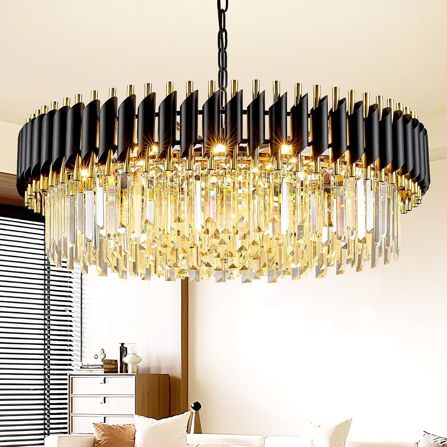 Black and Gold Large Crystal Chandelier 30" 6-Tier