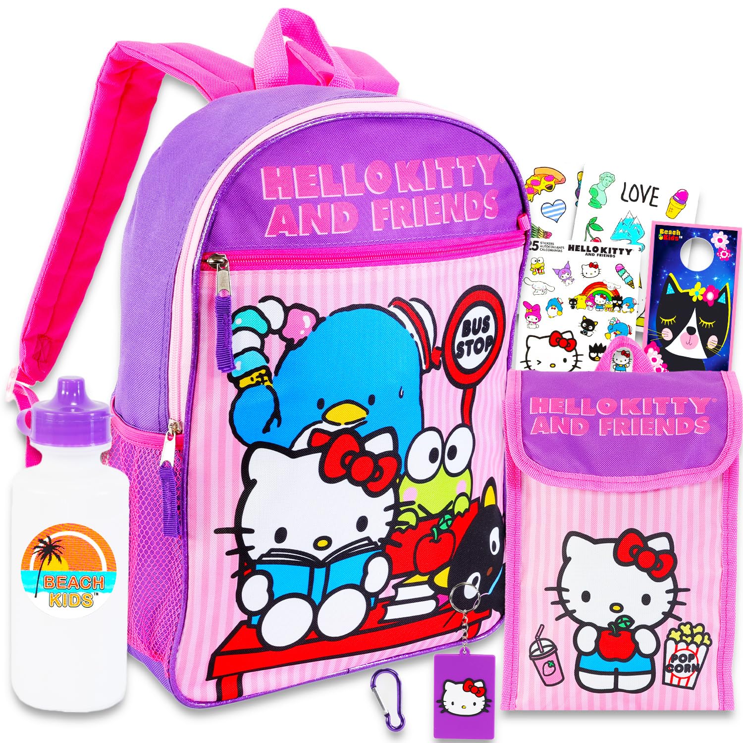 Sanrio Backpack with Lunchbox Featuring Keroppi, Tuxedo Sam, Chococat - Bundle with 16” Sanrio School Backpack Plus Lunch Bag, Water Bottle, Stickers, More | Hello Kitty and Friends School Bag