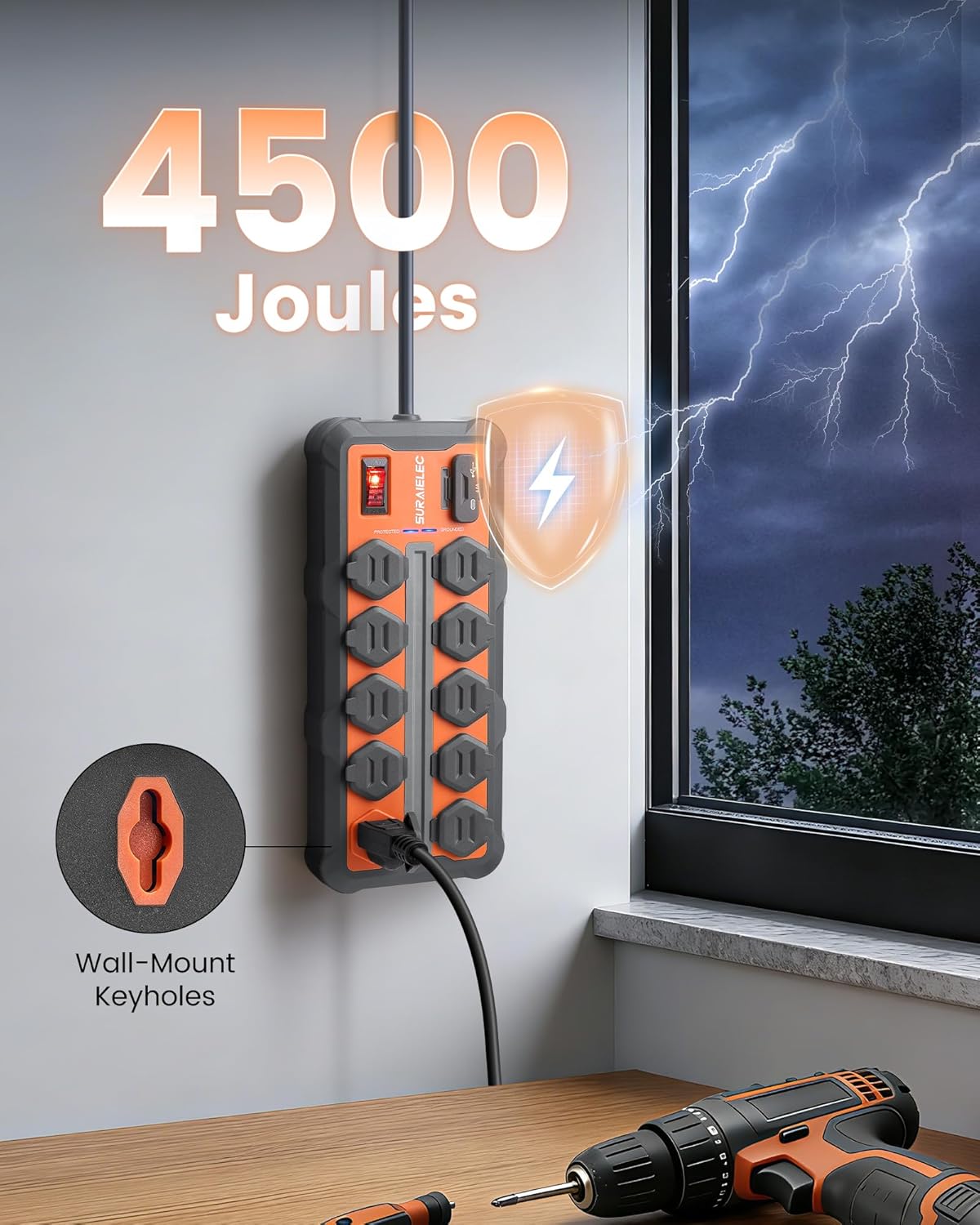 SURAIELEC Heavy-Duty Power Strip with USB-A & USB-C, 4500J Surge Protection, Overmolded Rubber Housing, 12-Outlets (10 AC + 2 USB), 14AWG 10FT Cord for Workshop, Garage, Office, ETL Listed