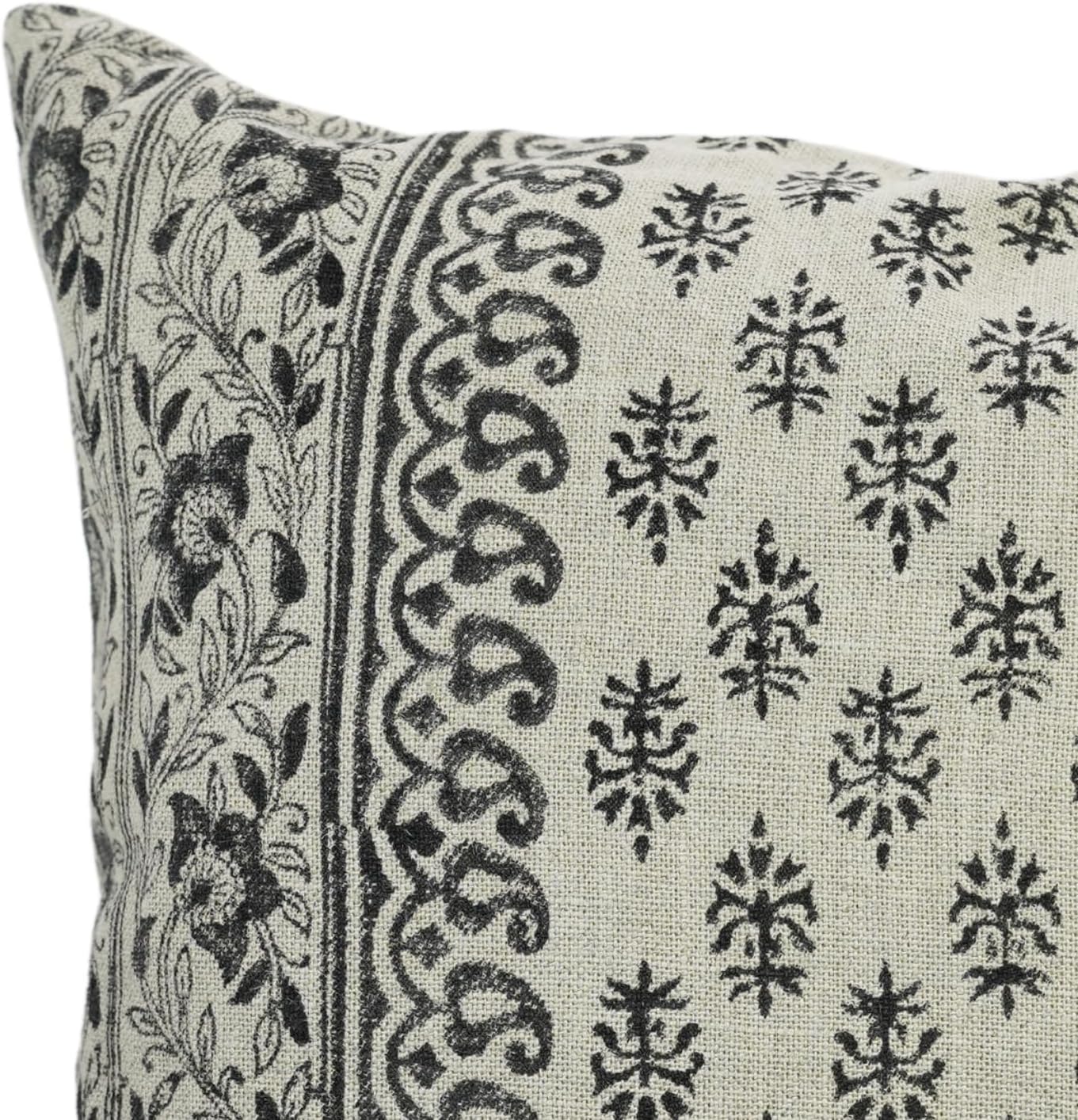 Handmade Thick Linen Floral Black Block Print Soft Plush Fabric Pillow Cover Perfect for Fall Decoration, Spring Winter Rectangle Shape 12X20 Inch Gift Cushioncase, Flower Buta