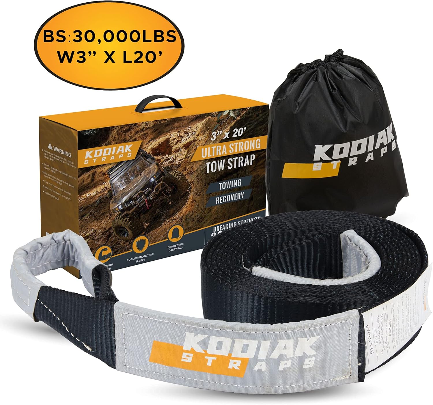 KODIAK STRAPS Tow Strap – 3'' x 30ft Car Tow Straps Heavy Duty with 30000 lbs. Break Strength and Reinforced Loops Emergency Rope Off Road Recovery Equipment Towing Straps Draw String Bag Included : Automotive