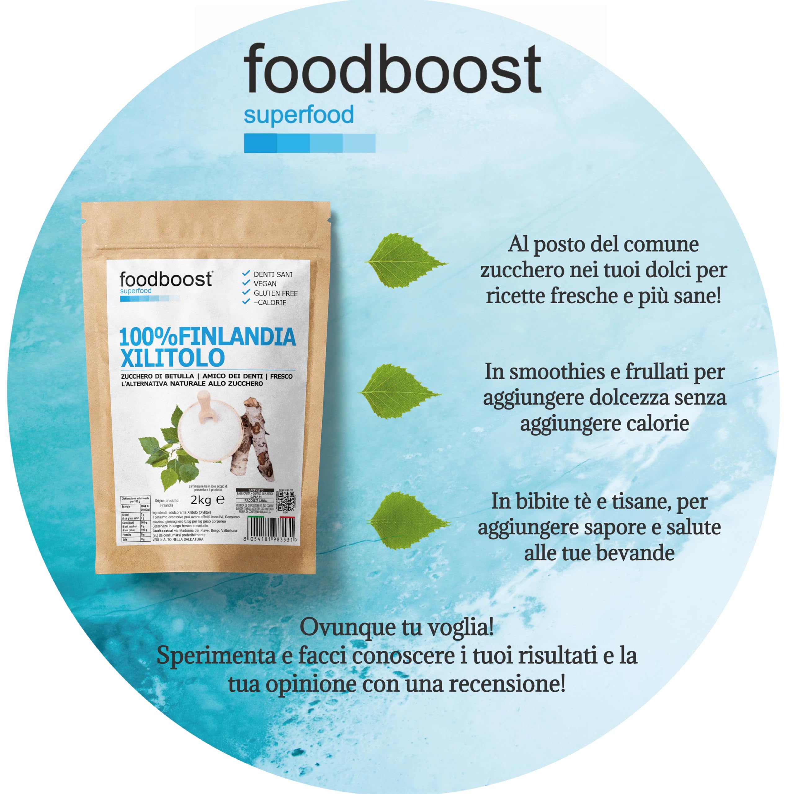 Xilitolo Finlandese 2Kg foodboost - 100% Naturale estratto da Betulla - stesso potere dolcificante dello zucchero - adatto diete ipocaloriche o bilanciate - contro la carie - 100% Europeo