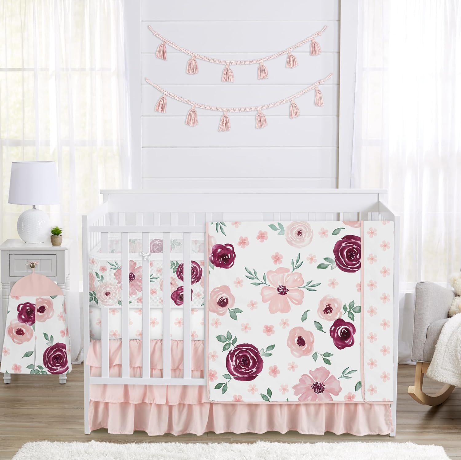 Sweet Jojo Designs 6-Piece Baby Crib Bedding Set (Burgundy Red Boho Floral) for Girls, Infants/Nursery incl. BreathableBaby Mesh Liner Blanket, Fitted Sheet, Skirt, Diaper Stacker (Pink, Shabby Chic)