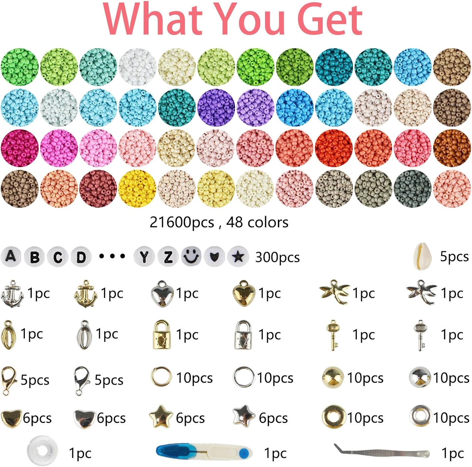 ALIRICH 21600Pcs 3mm Glass Seed Beads for Jewelry Making, 48 Colors Crafts Bead Kit with Letter Smile Face Star Love Heart Beads, Gold Silver Findings Beads for DIY Art Bracelets Necklaces for Women - Image 2