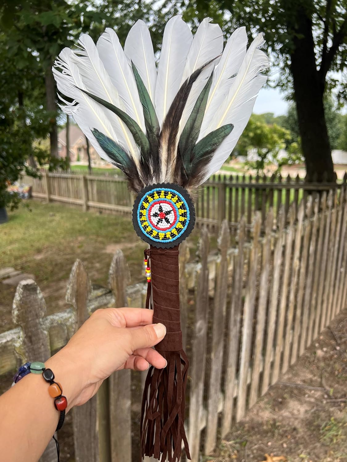 Handmade Native American Feather Fan - Elegant Prayer Accessory in Brown or White (White)