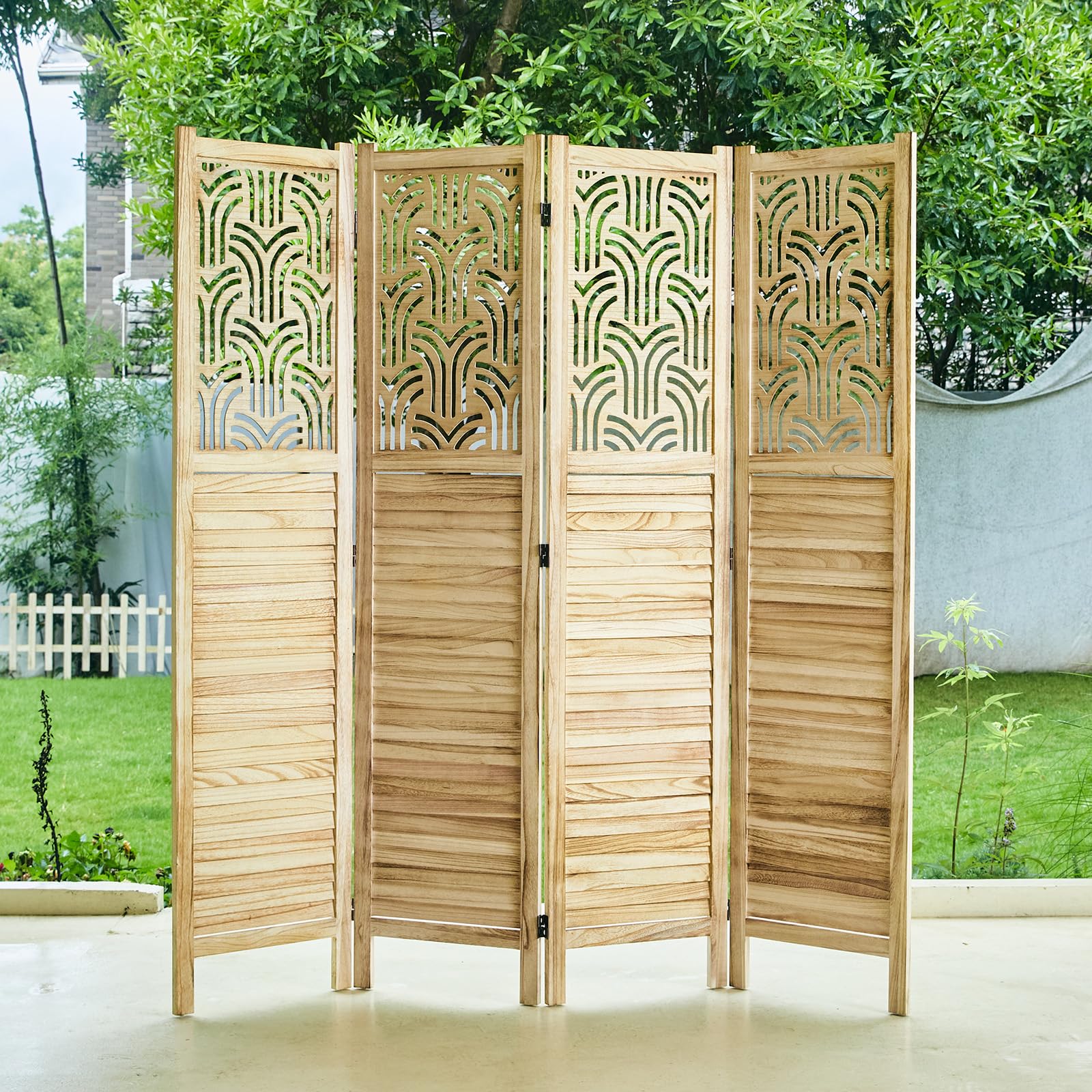 Folding Room Divider, 66.9 Inch 4 Panels Wood Carved Privacy Screens, Free Assembled Freestanding Portable Separation Wall for Home Office Bedroom (Natural)