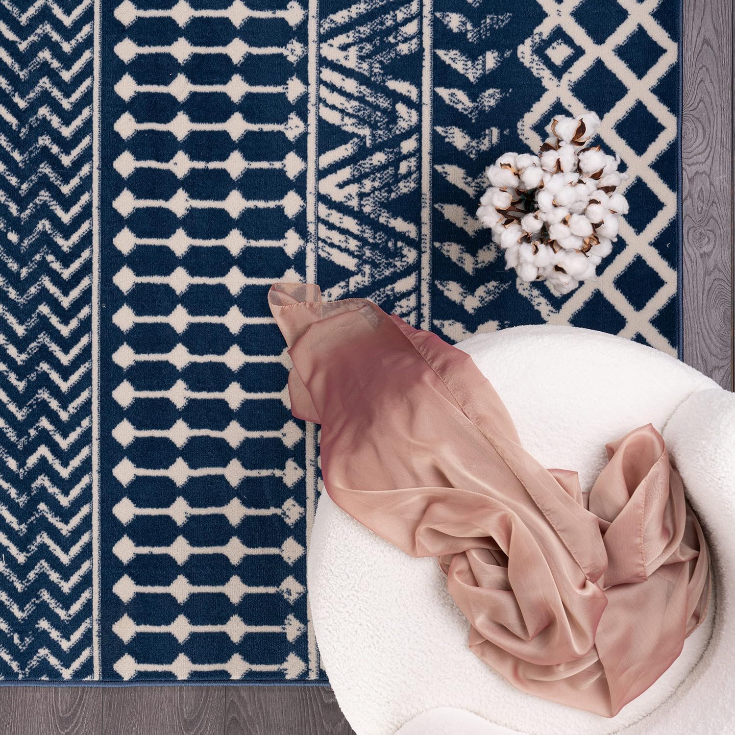 CAMILSON Boho Moroccan Navy Blue Rug Geometric Diamond 6x9 Area Rugs for Living Room Bedroom Kitchen Modern Bohemian Soft Stain Resistant Non-Shedding Indoor Carpet (6 x 9 Navy and Cream)