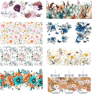 8 Sheets UV DTF Cup Wraps Transfer Stickers for 16oz Your Glass Cups with Delicate Flower and Plant Patterns Decal Stickers for 16OZGlass Cups