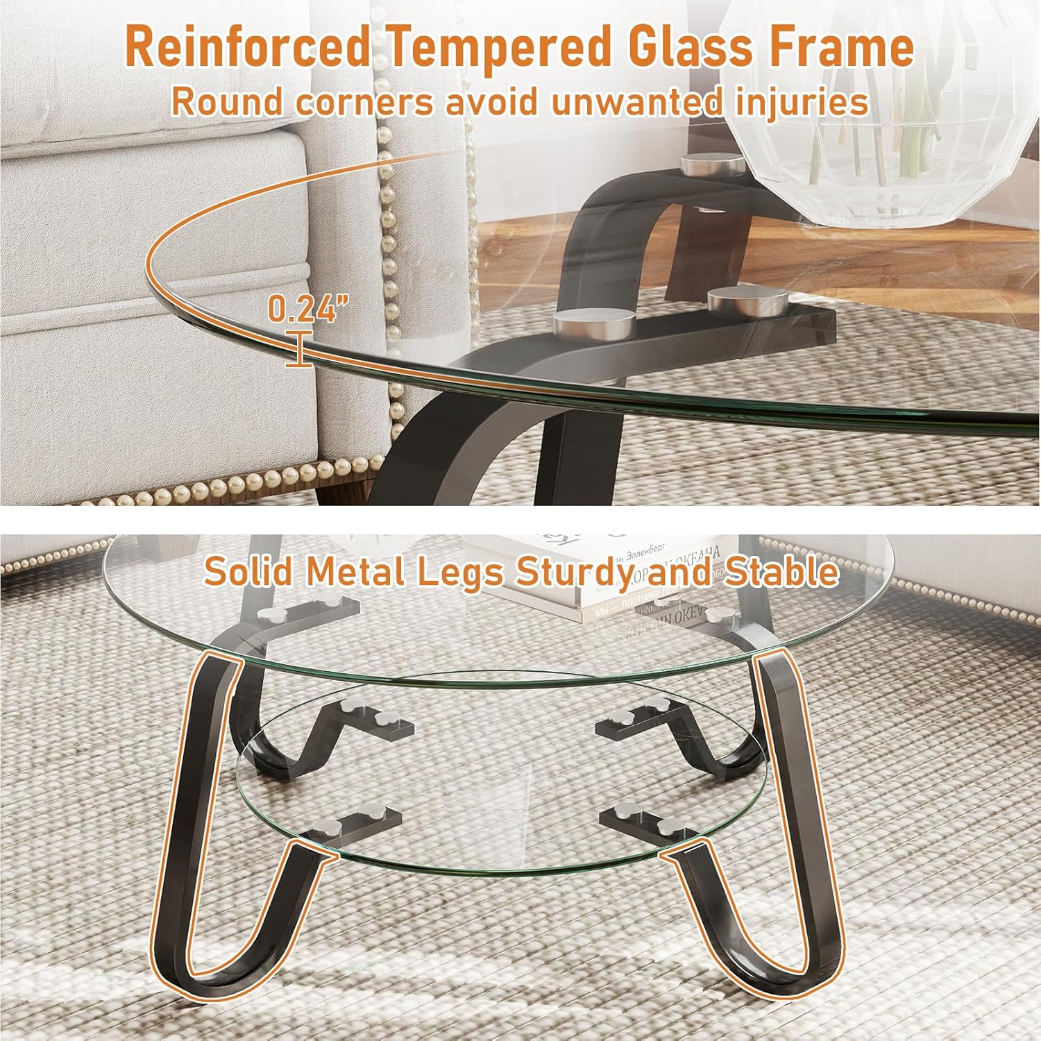 Rovibek Round Glass Coffee Table, 31.5 Modern Glass Coffee Tables with Storage and Metal Frame, 2-Tier Tempered Glass Top Small Center Table for Living Room, Easy Assembly, Black