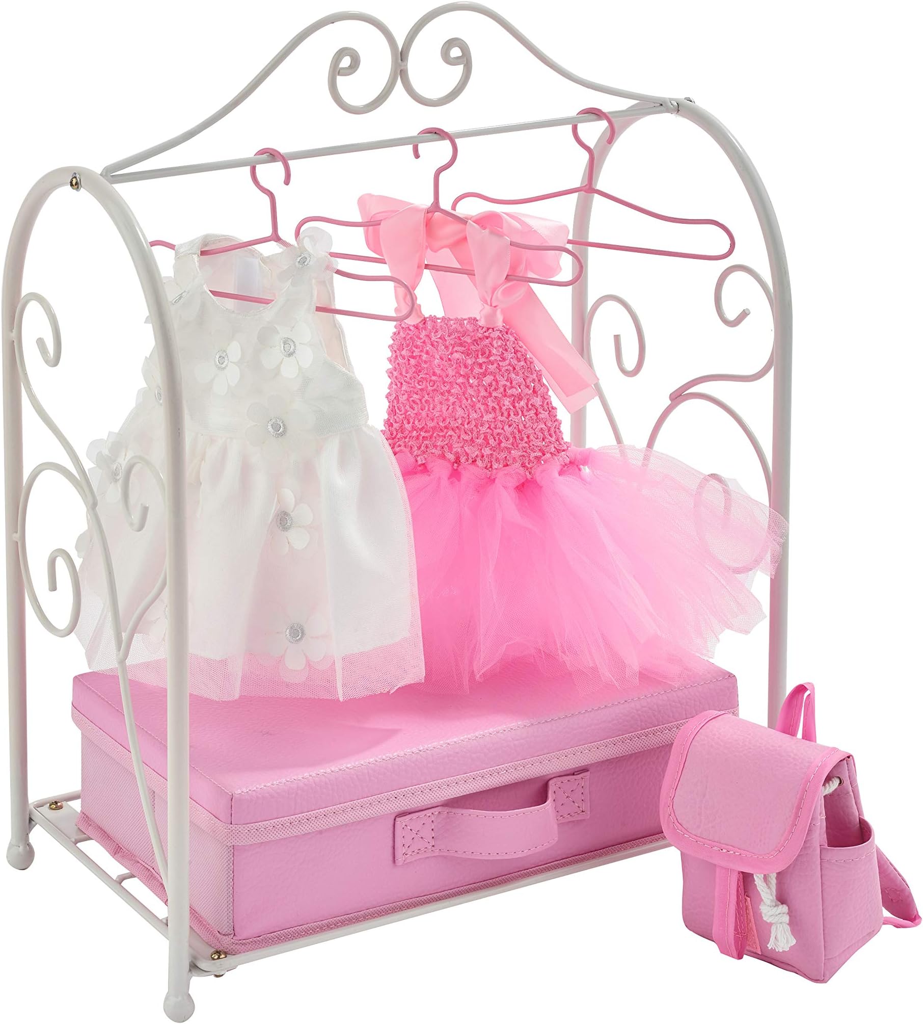 Badger Basket Scrollwork Metal Doll Armoire with Storage, Dresses & Accessories – White/Pink – Fits 14.5 to 20 Inch Dolls