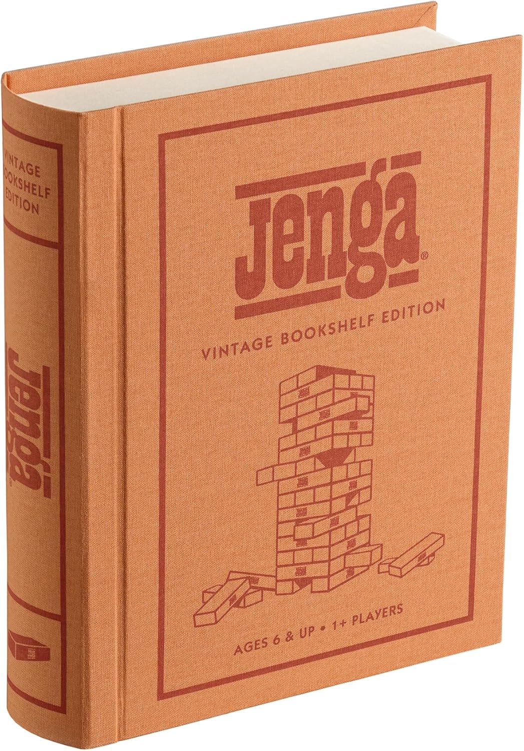 WS Game Company Jenga Vintage Bookshelf Edition, Linen Wrapped Book Box & Slipcase, 54 Hardwood Blocks & Stacking Sleeve, Classic Jenga Game for Adults & Kids, Ages 6+