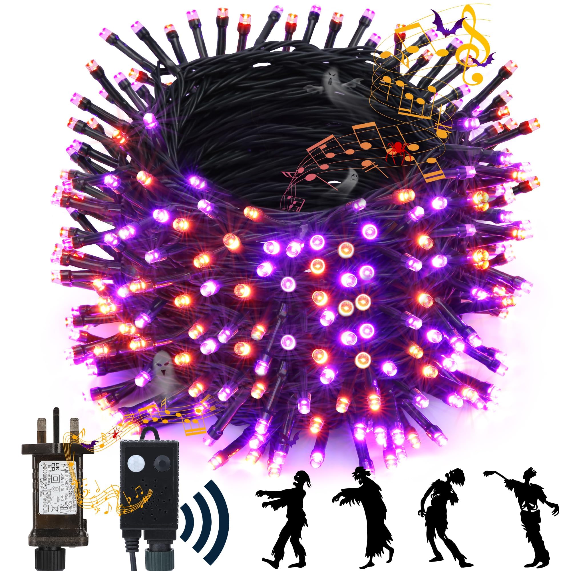 NEXVIN Halloween Decorations Lights Outdoor, 20M 200 LED Halloween String Lights with Spooky Music Waterproof