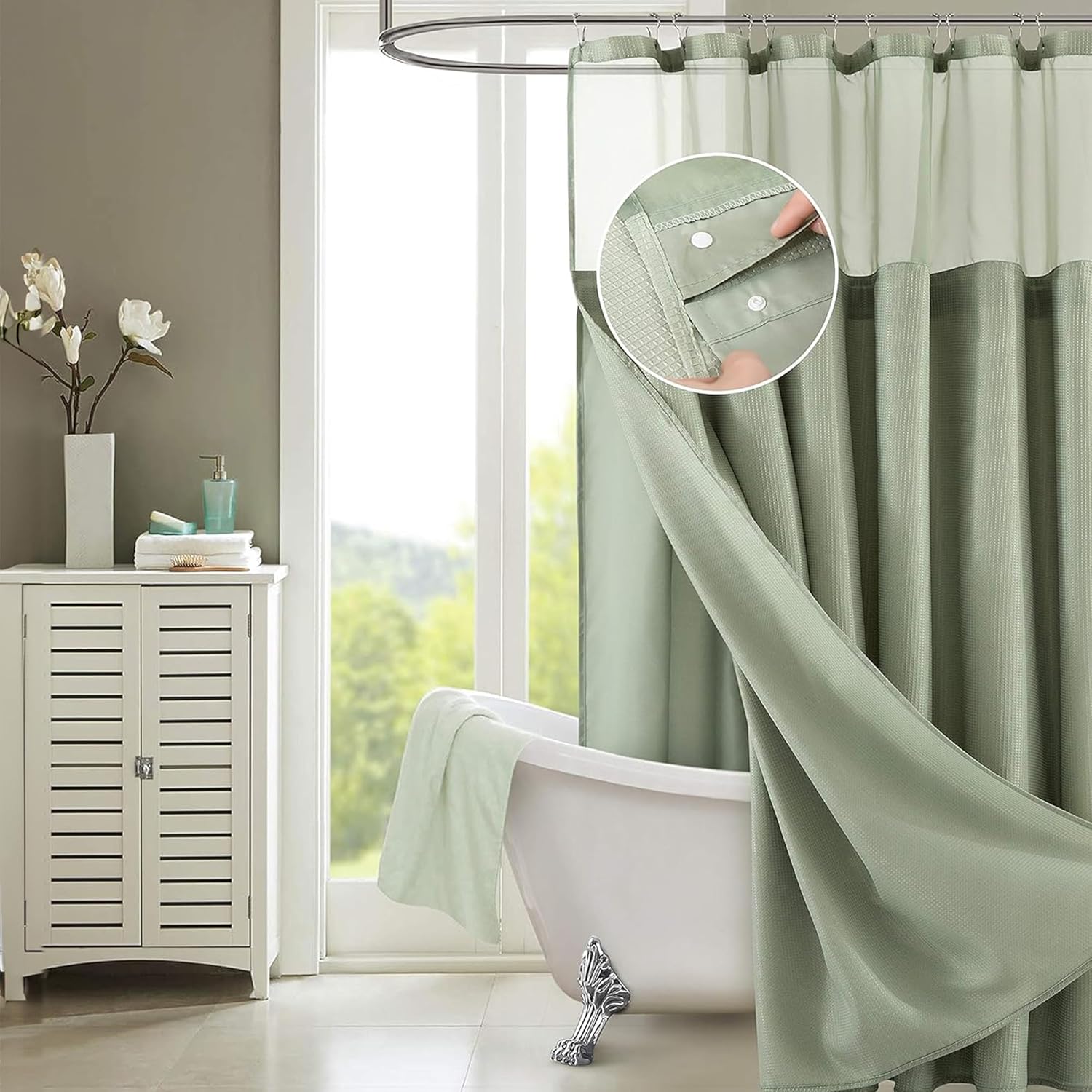 Dainty Home Waffle Weave Shower Curtain Set with Snap-In Liner 70" x 72" Modern Luxury Mesh Top Window Best Shower Curtain and Liner for Stylish Homes