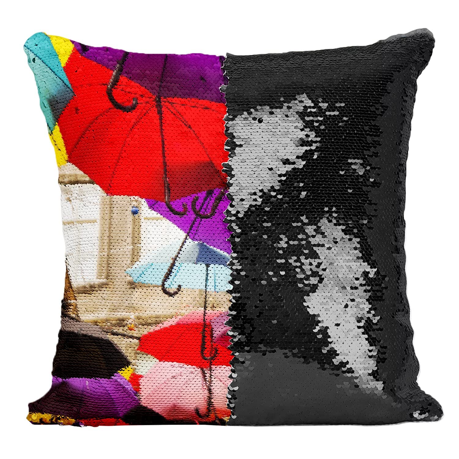 Coussin sequin noir photo d'art parapluies multicolores cadeau déco